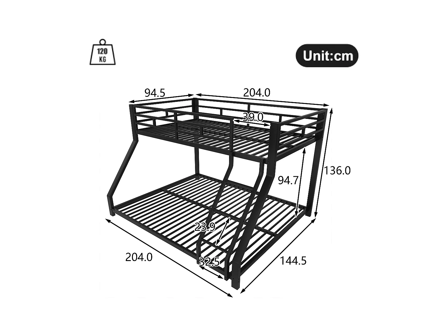 Lit superposé enfant 90x200cm + 140x200cm - lit métal noir - Barrière et Escalier - sans matels