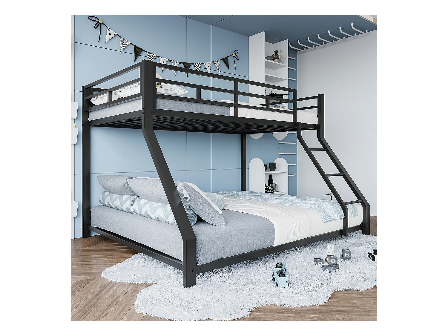 Lit superposé enfant 90x200cm + 140x200cm - lit métal noir - Barrière et Escalier - sans matels