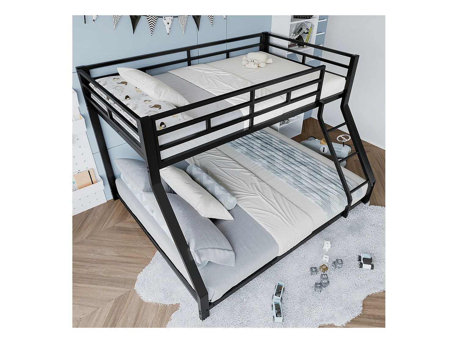 Lit superposé enfant 90x200cm + 140x200cm - lit métal noir - Barrière et Escalier - sans matels