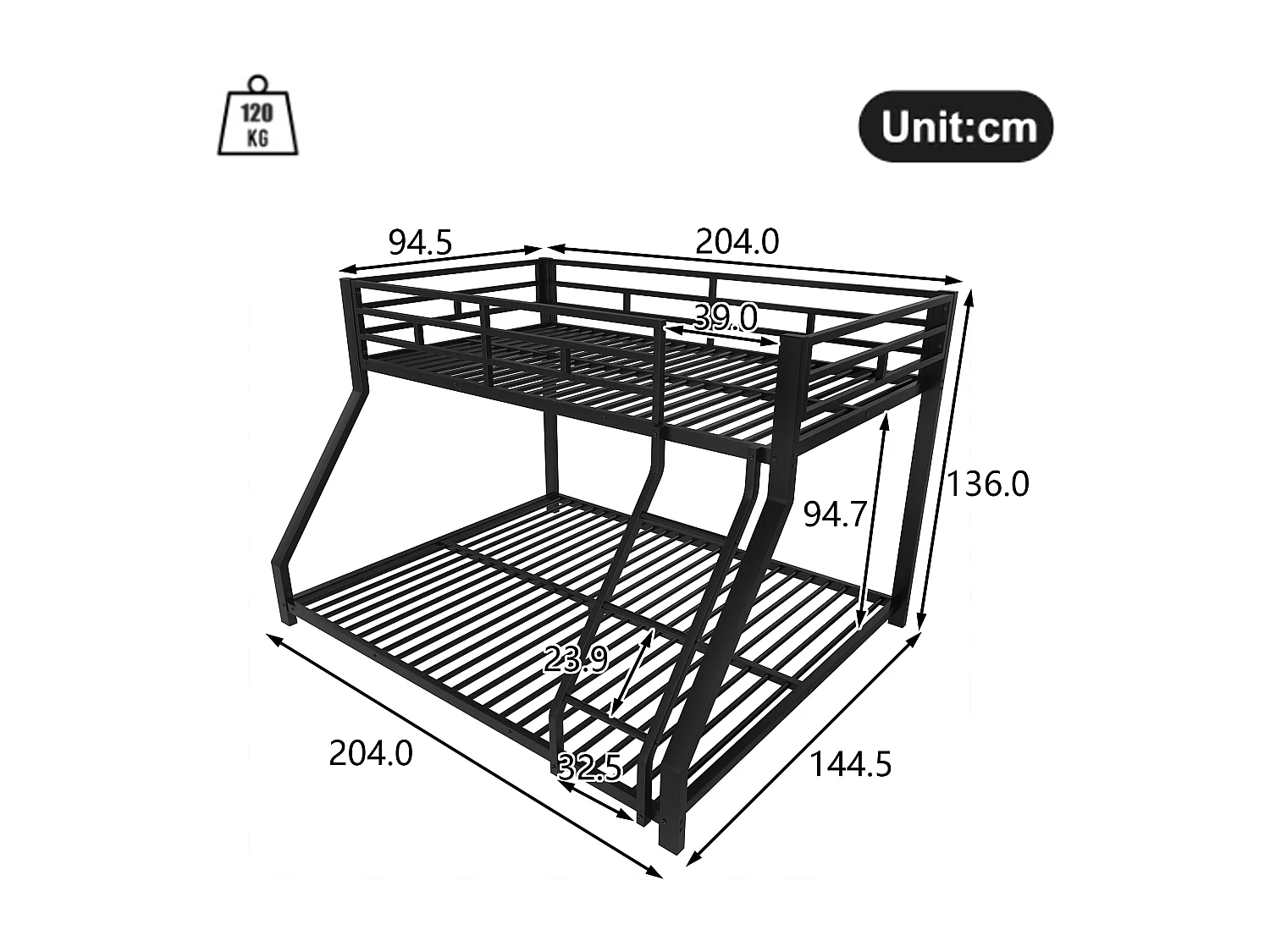 Lit superposé enfant 90x200cm + 140x200cm - lit métal noir - Barrière et Escalier - sans matels