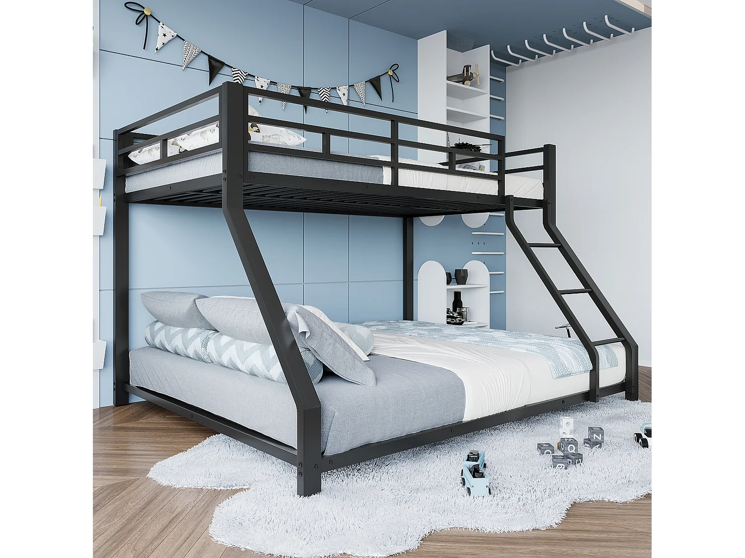 Lit superposé enfant 90x200cm + 140x200cm - lit métal noir - Barrière et Escalier - sans matels