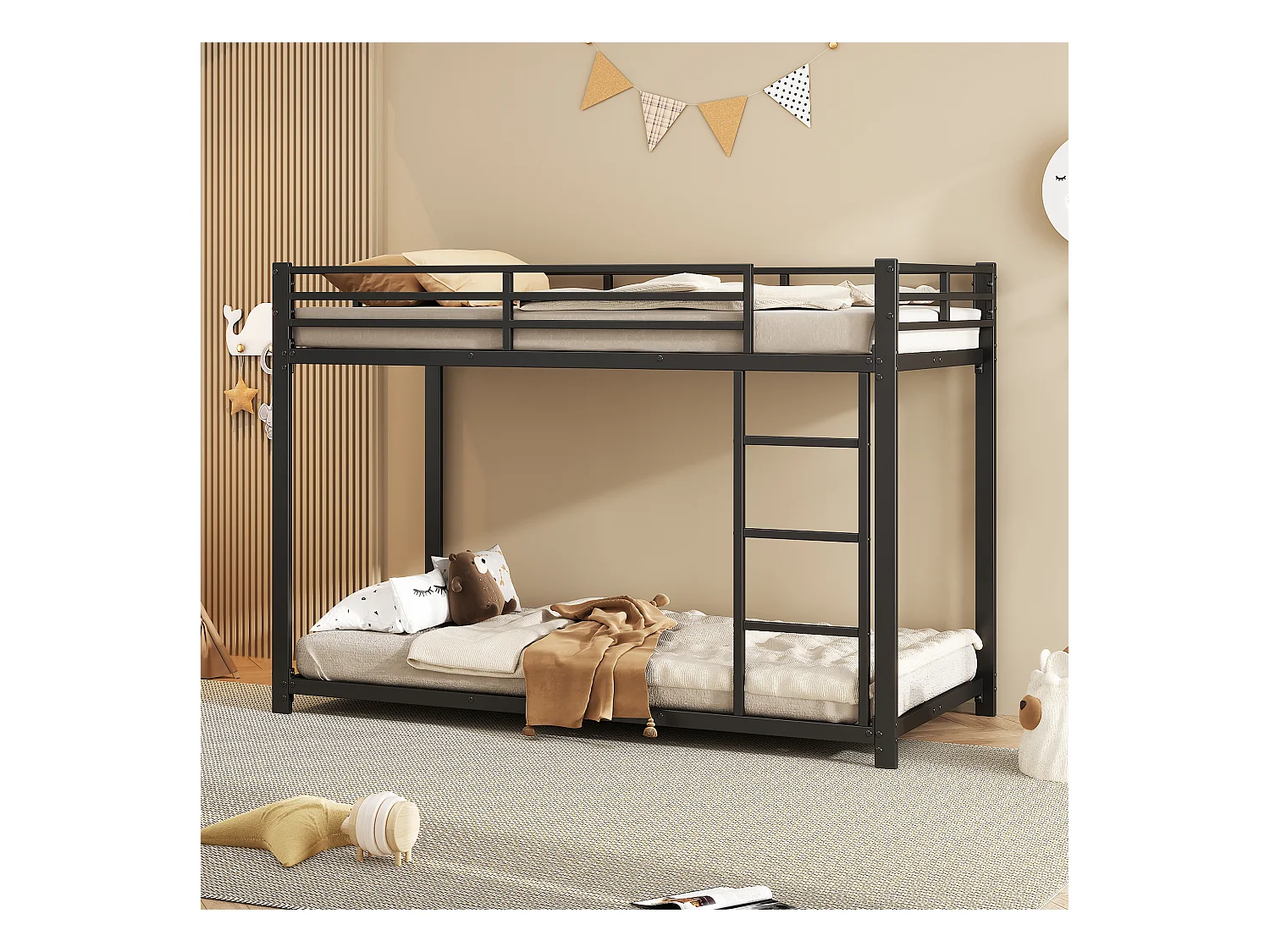 Lit superposé pour enfants 90x200cm, en métal noir avec barrières de sécurité et structure stable, sans matelas