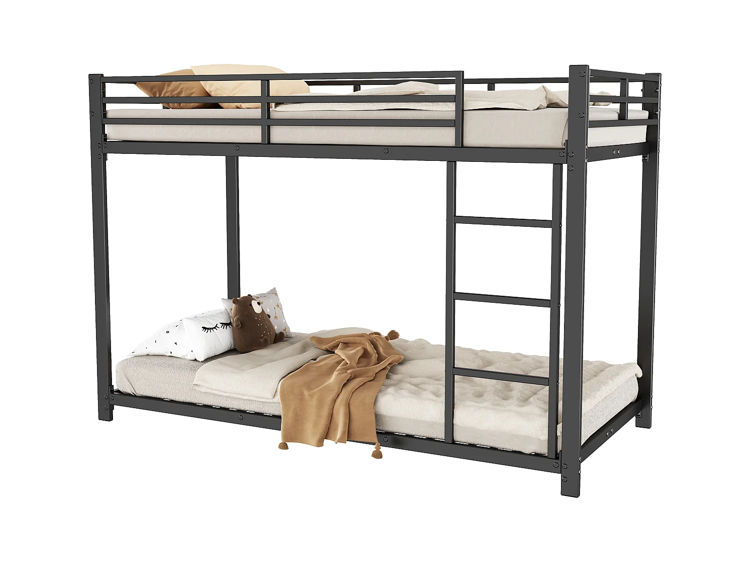 Lit superposé pour enfants 90x200cm, en métal noir avec barrières de sécurité et structure stable, sans matelas