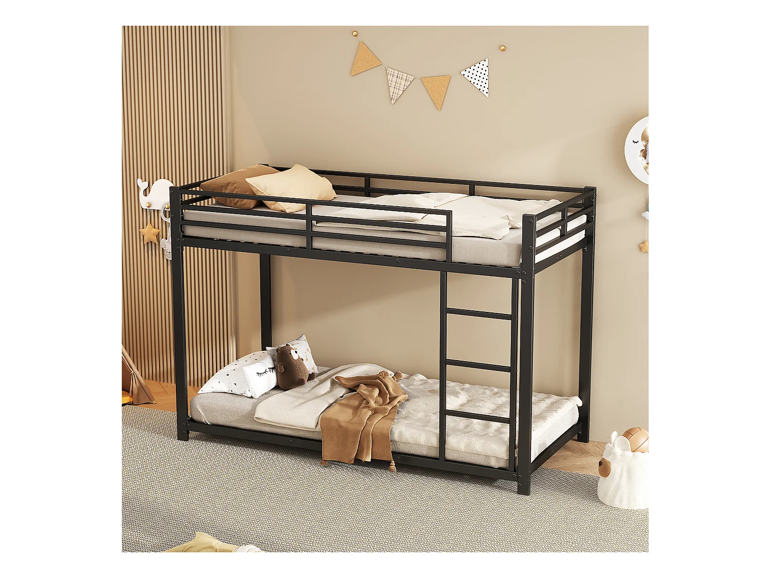 Lit superposé pour enfants 90x200cm, en métal noir avec barrières de sécurité et structure stable, sans matelas