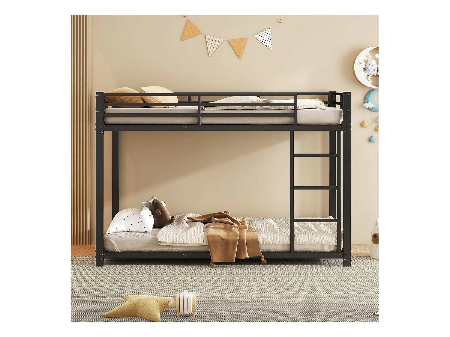 Lit superposé pour enfants 90x200cm, en métal noir avec barrières de sécurité et structure stable, sans matelas