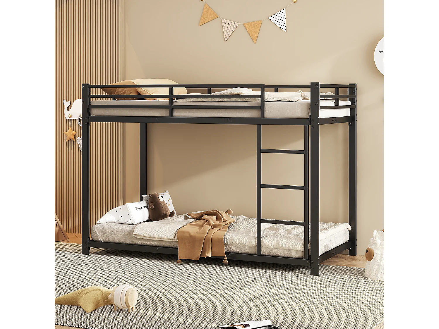 Lit superposé pour enfants 90x200cm, en métal noir avec barrières de sécurité et structure stable, sans matelas