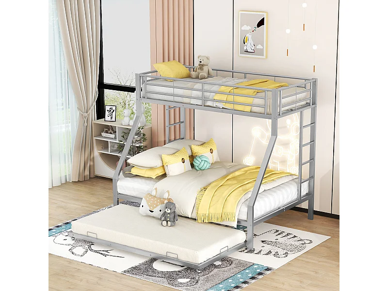 Lits superposé enfant 90x200cm + 140x200cm avec 1 lit gigogne 90x190cm, Argent, sans matelas