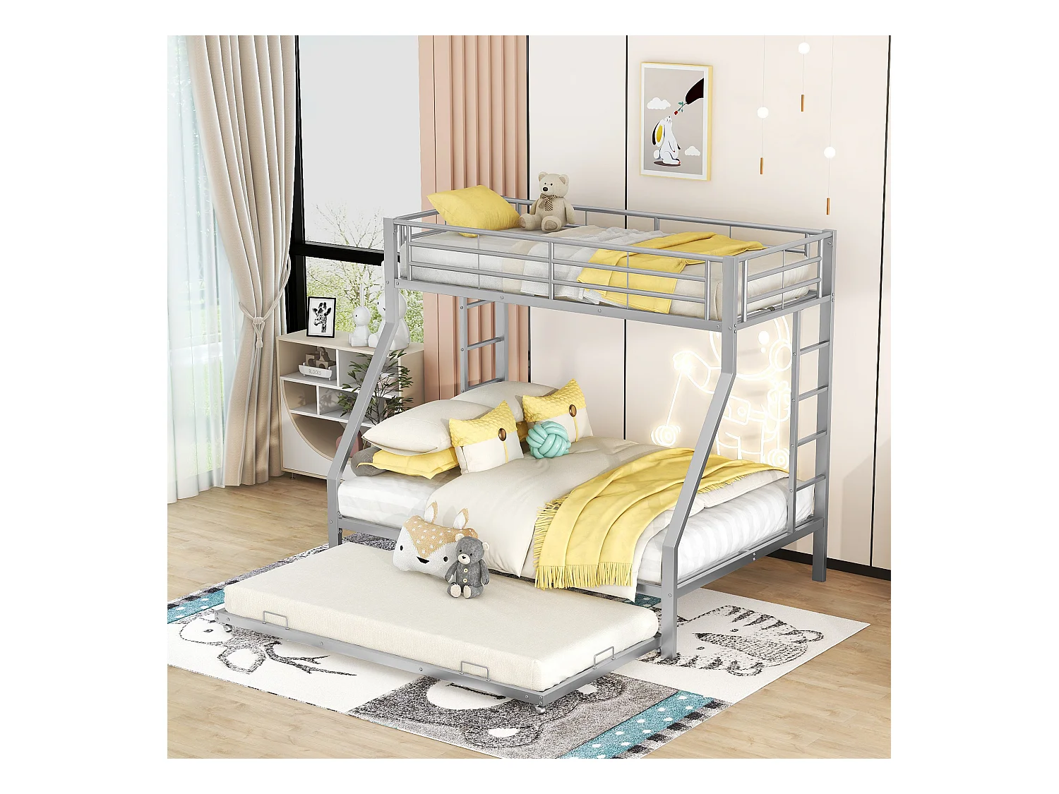 Lits superposé enfant 90x200cm + 140x200cm avec 1 lit gigogne 90x190cm, Argent, sans matelas