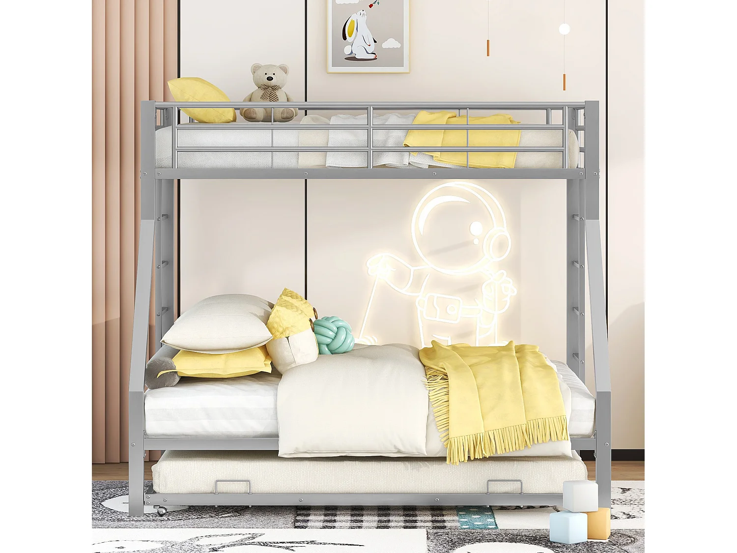 Lits superposé enfant 90x200cm + 140x200cm avec 1 lit gigogne 90x190cm, Argent, sans matelas