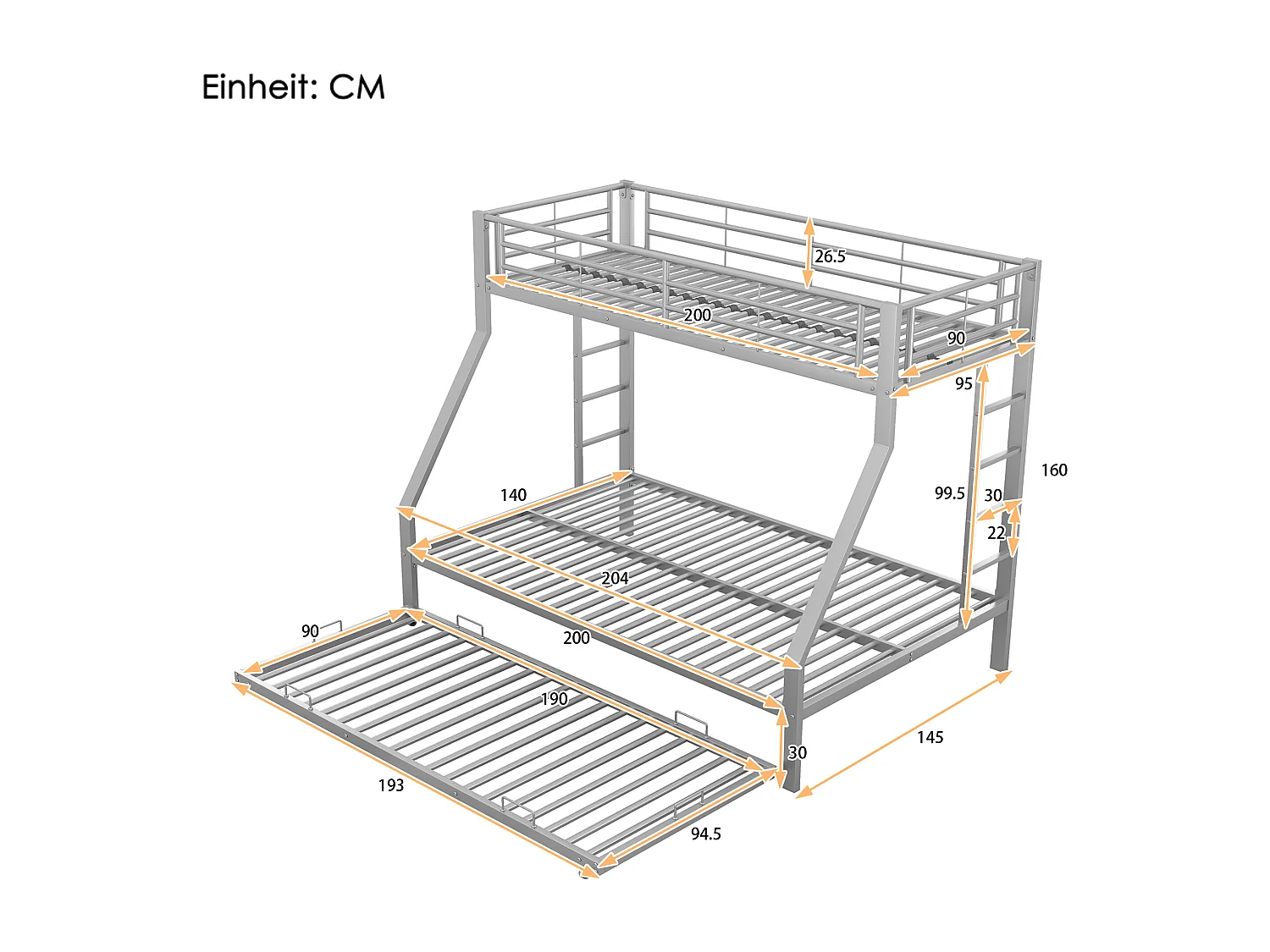 Lits superposé enfant 90x200cm + 140x200cm avec 1 lit gigogne 90x190cm, Argent, sans matelas