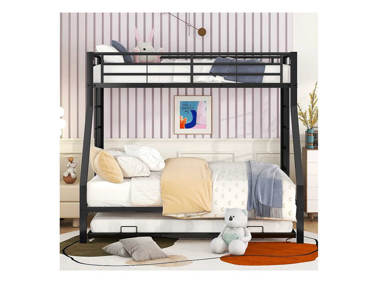 Lits superposé enfant 90x200cm + 140x200cm avec 1 lit gigogne 90x190cm, Noir, sans matelas