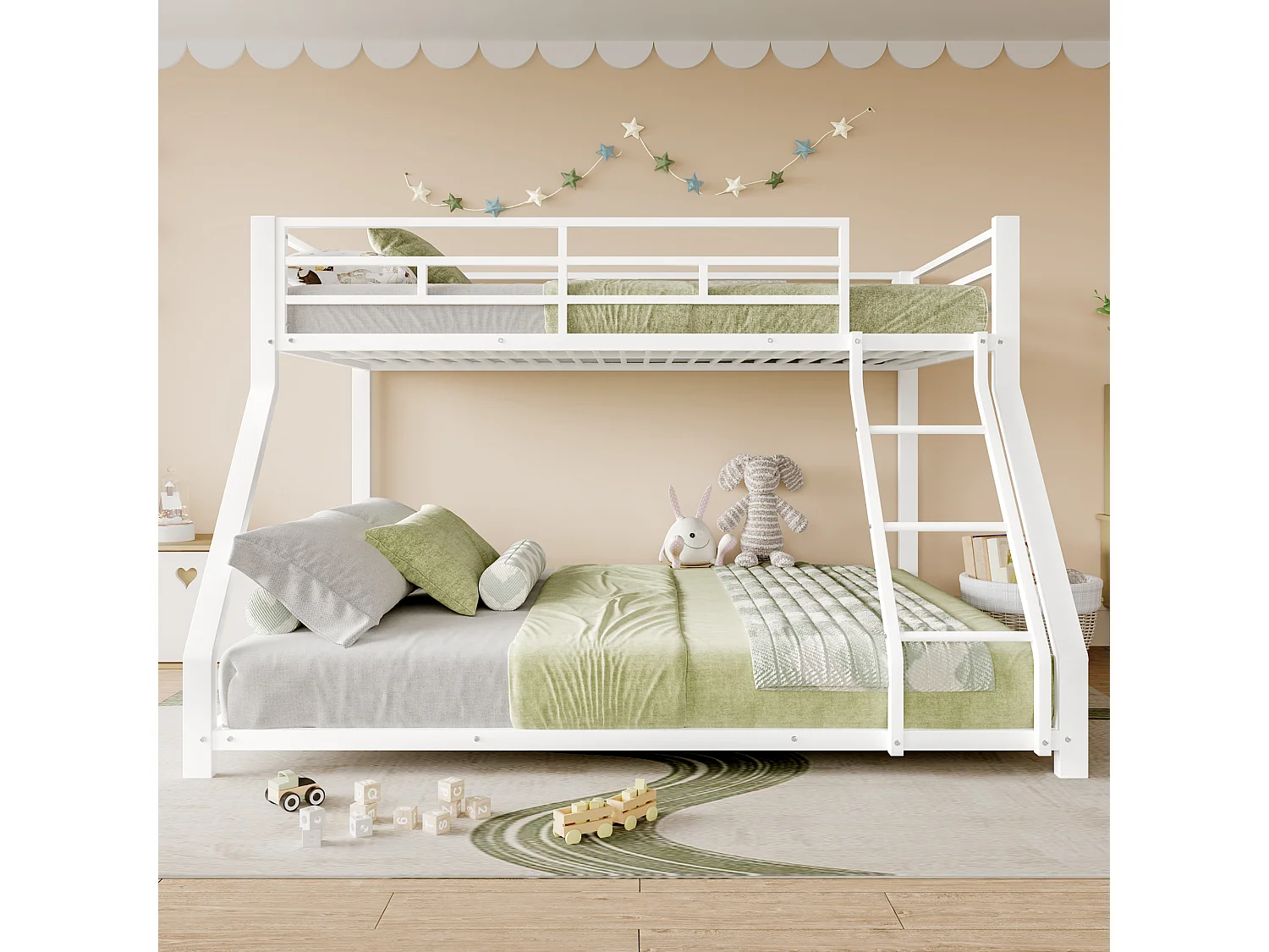 Lit superposé enfant 90x200cm + 140x200cm - lit métal blanc - Barrière et Escalier - sans matels