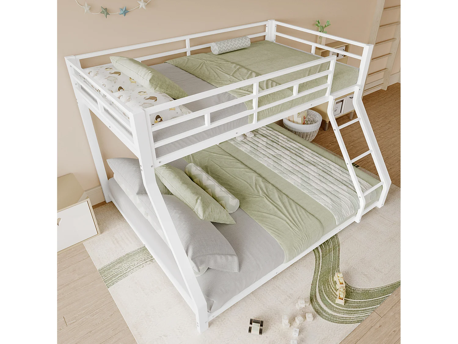 Lit superposé enfant 90x200cm + 140x200cm - lit métal blanc - Barrière et Escalier - sans matels