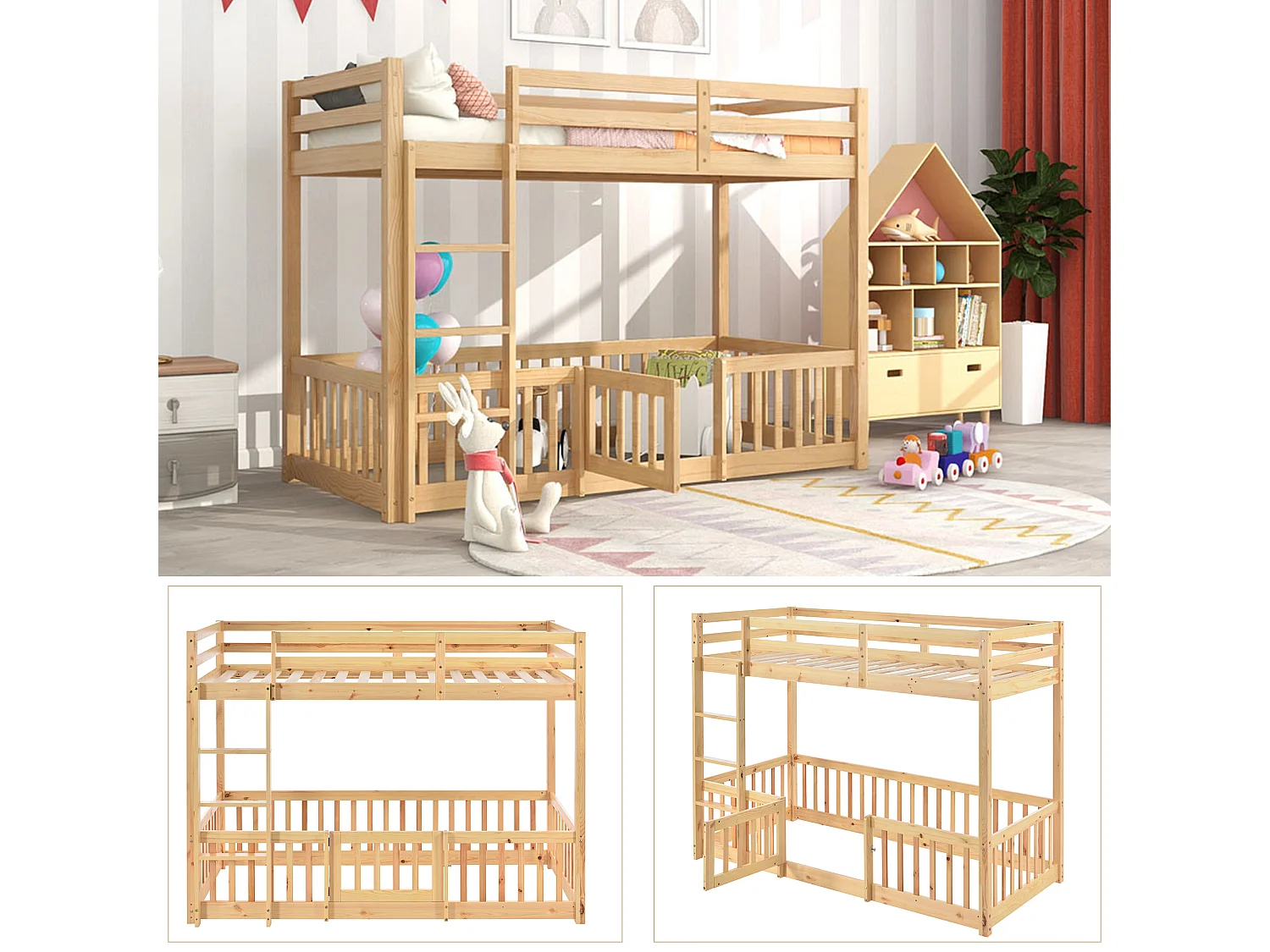 Stapelbed met trap, planken en plank, frame van grenen en MDF, kinderbed met 4 vakken en beschermrooster, wit naturel, 90 x