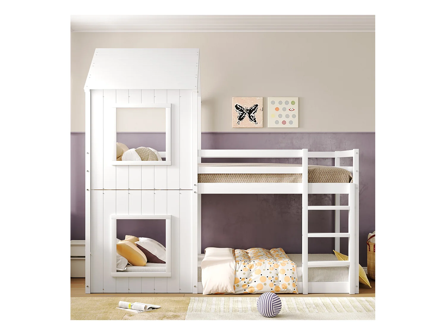 Lit superposé enfant 90x200 cm blanc, lit enfant en bois, sommier à lattes, sans matelas