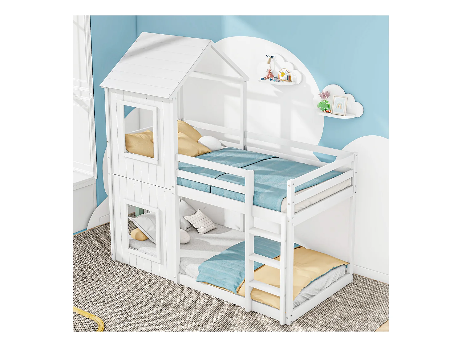 Lit superposé enfant 90x200 cm blanc, lit enfant en bois, sommier à lattes, sans matelas