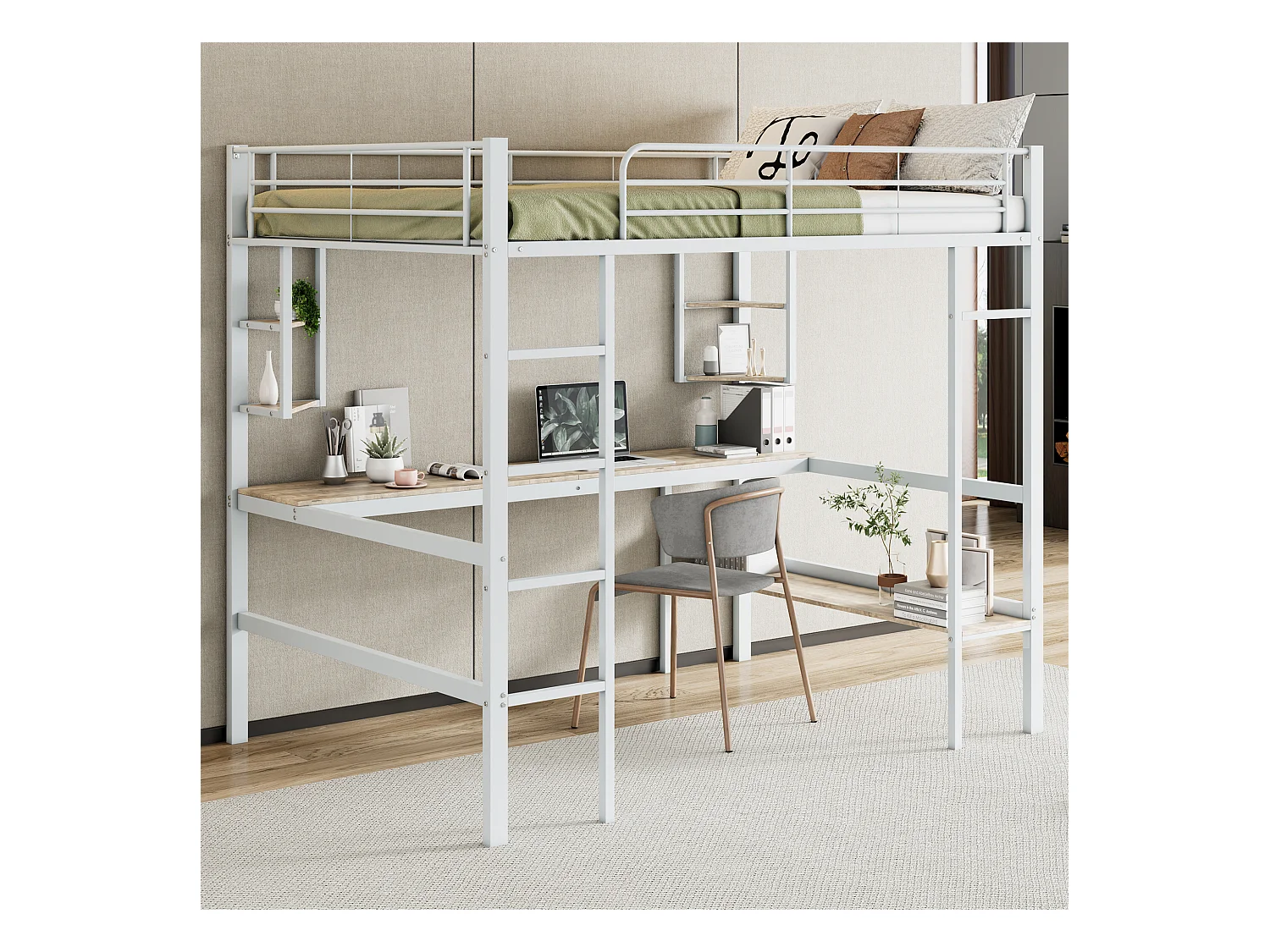 Lit mezzanine enfant 140x200 cm blanc, avec bureau plat et étagère de rangement, lit métal, sans matelas