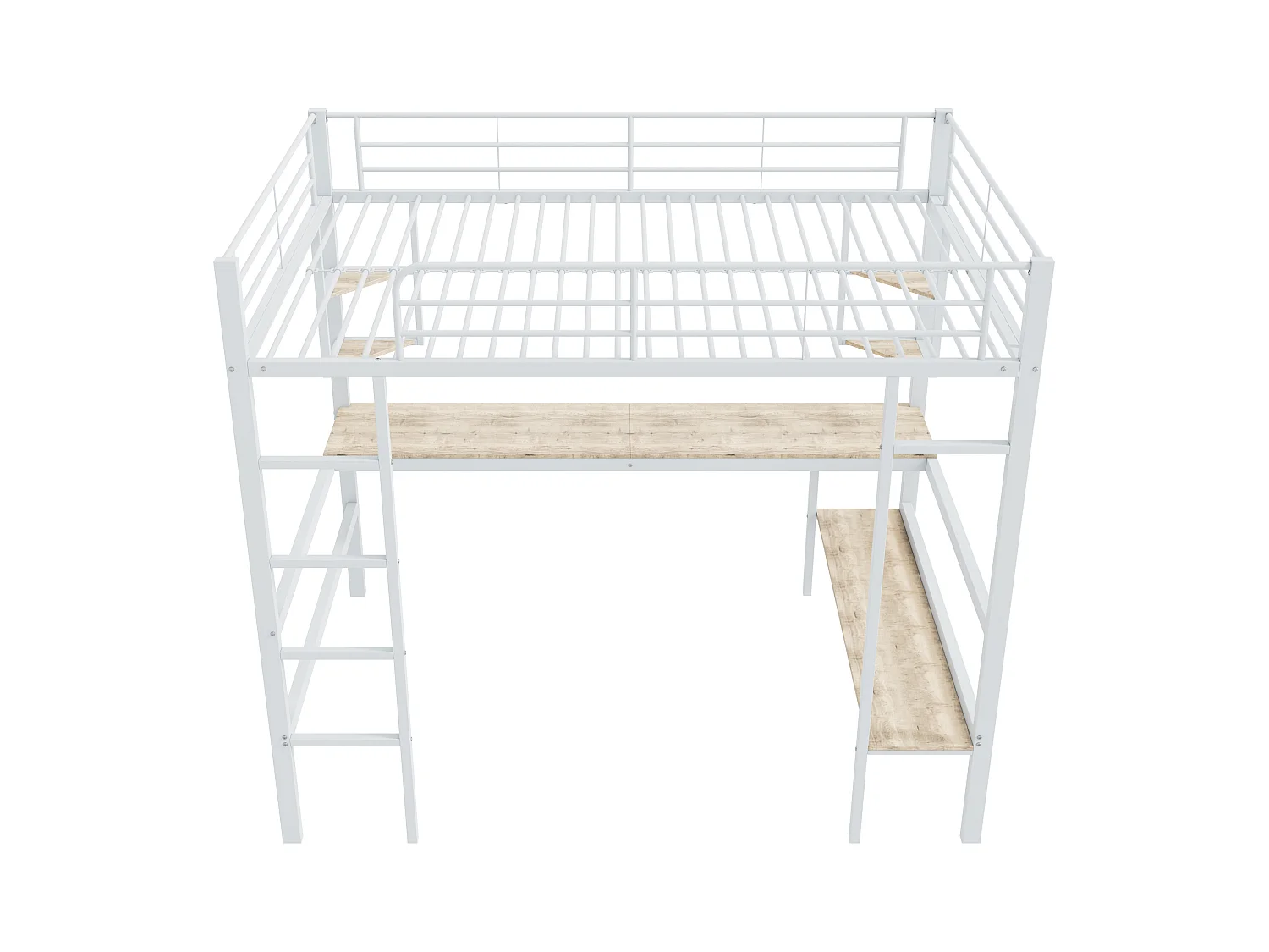 Lit mezzanine enfant 140x200 cm blanc, avec bureau plat et étagère de rangement, lit métal, sans matelas