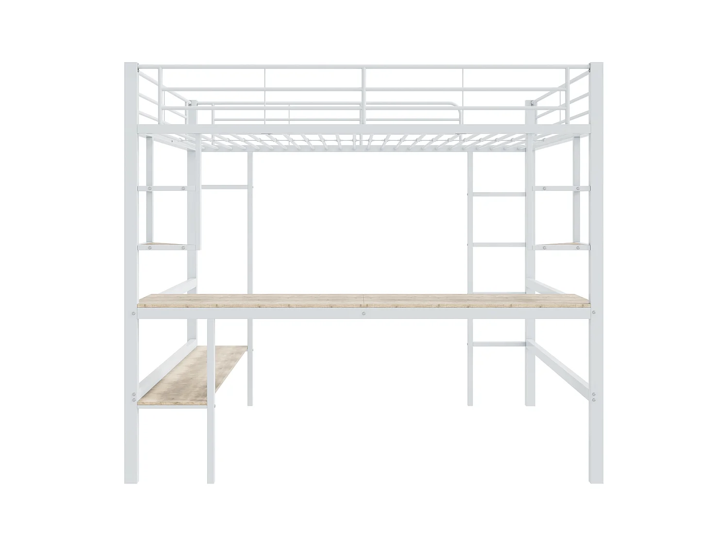 Lit mezzanine enfant 140x200 cm blanc, avec bureau plat et étagère de rangement, lit métal, sans matelas