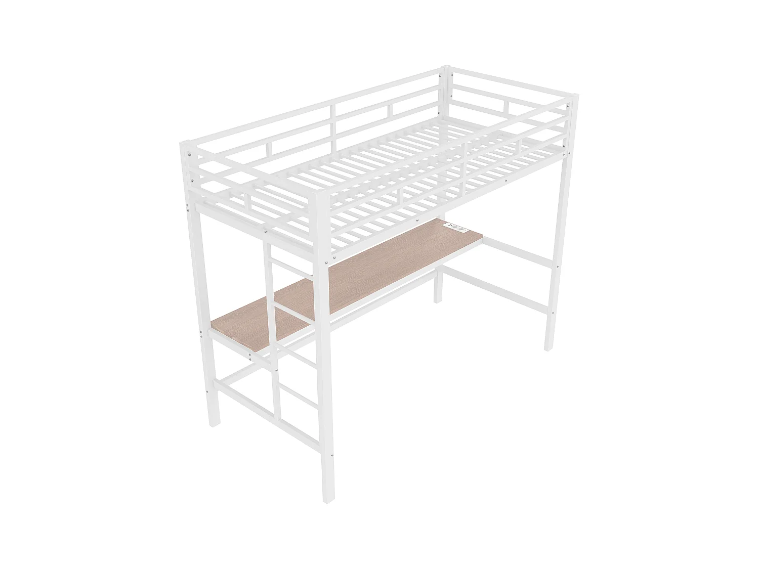 Lit mezzanine enfant 90x200 cm avec prise USB + LED, lit en métal blanc, sans matelas