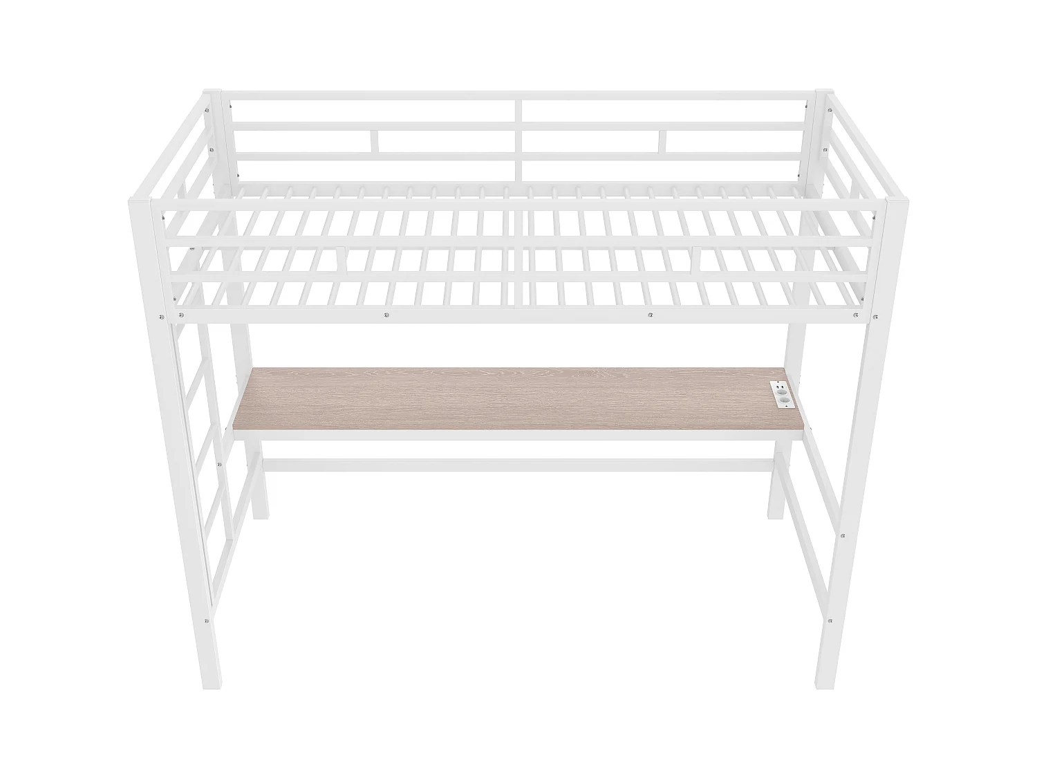 Lit mezzanine enfant 90x200 cm avec prise USB + LED, lit en métal blanc, sans matelas