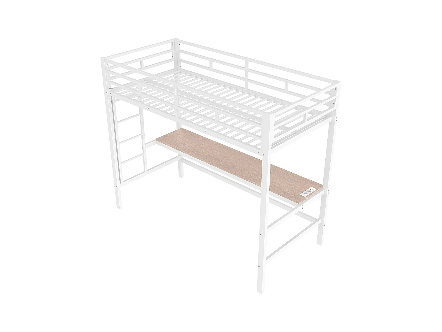 Lit mezzanine enfant 90x200 cm avec prise USB + LED, lit en métal blanc, sans matelas