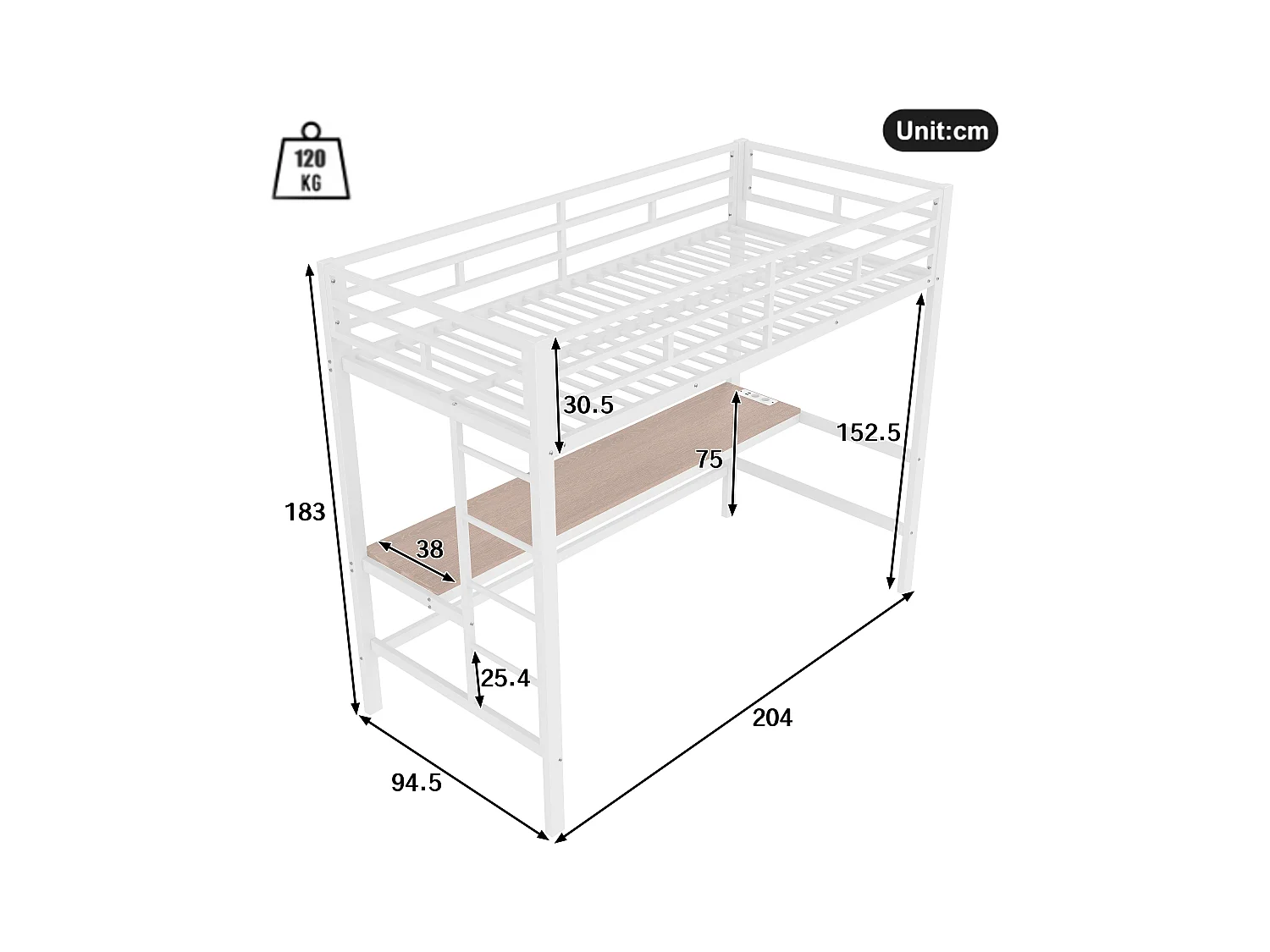 Lit mezzanine enfant 90x200 cm avec prise USB + LED, lit en métal blanc, sans matelas