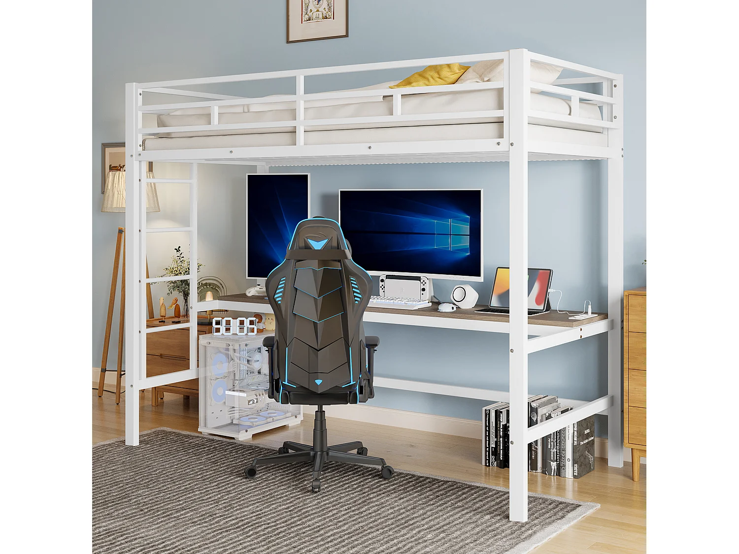 Lit mezzanine enfant 90x200 cm avec prise USB + LED, lit en métal blanc, sans matelas