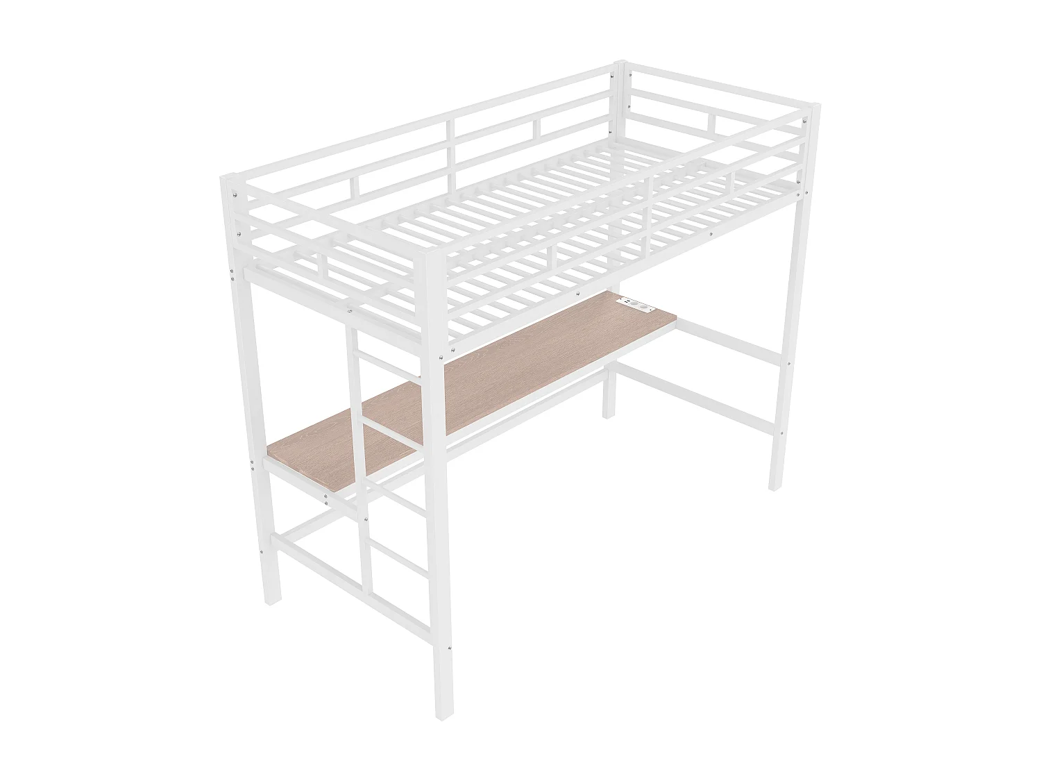Lit mezzanine enfant 90x200 cm avec prise USB + LED, lit en métal blanc, sans matelas