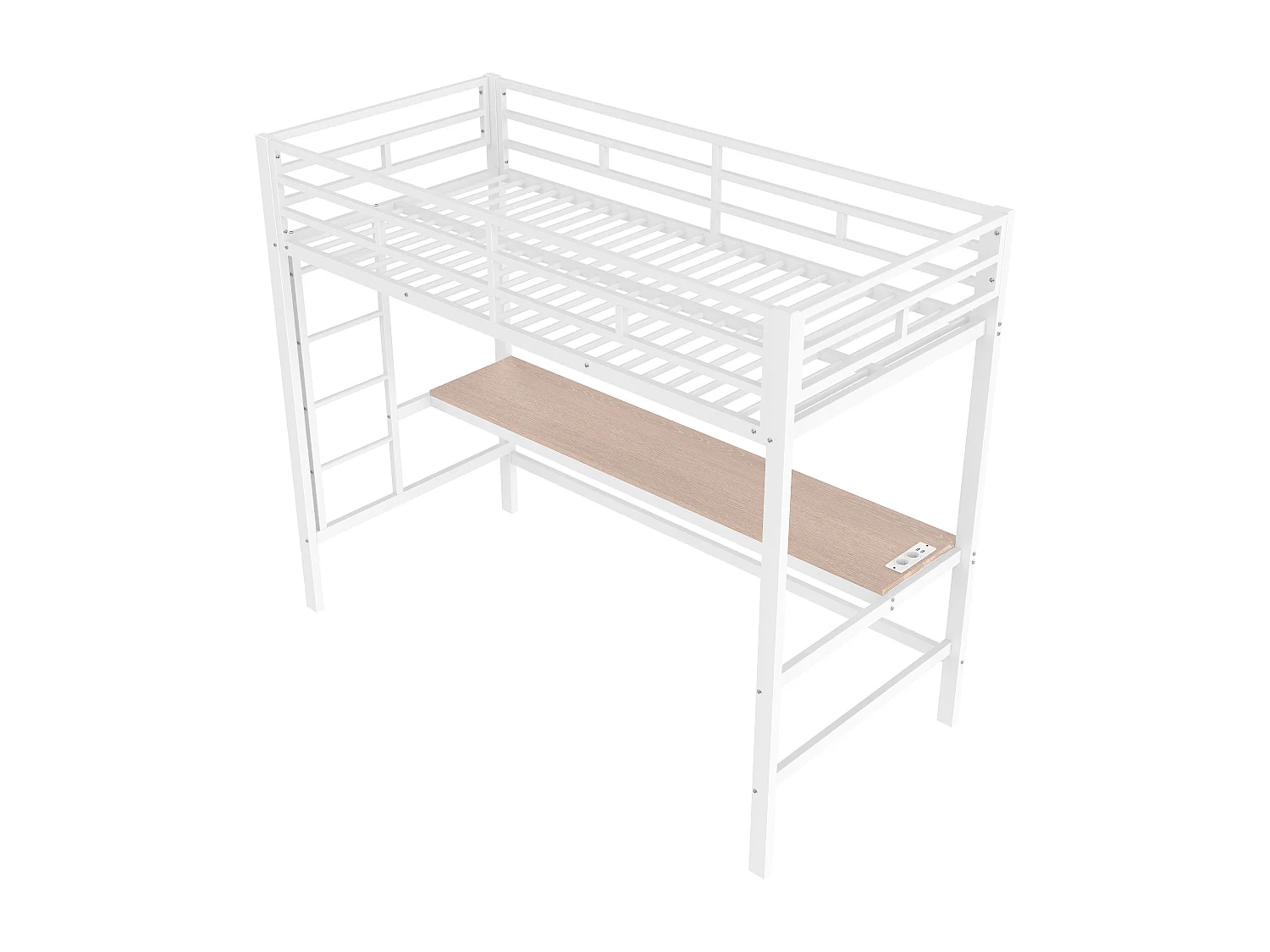 Lit mezzanine enfant 90x200 cm avec prise USB + LED, lit en métal blanc, sans matelas