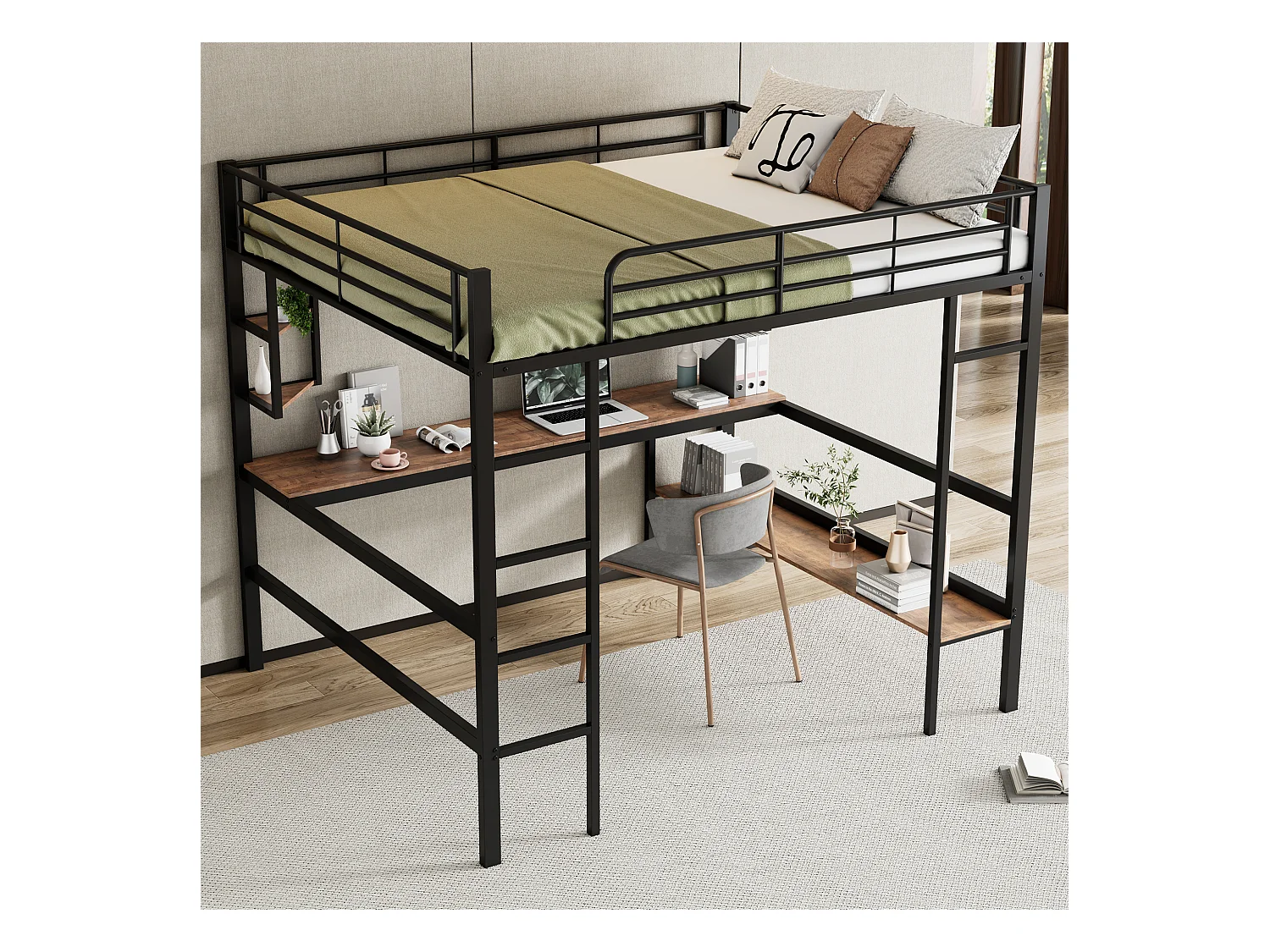 Lit mezzanine enfant 140x200 cm noir, avec bureau plat et étagère de rangement, lit métal, sans matelas