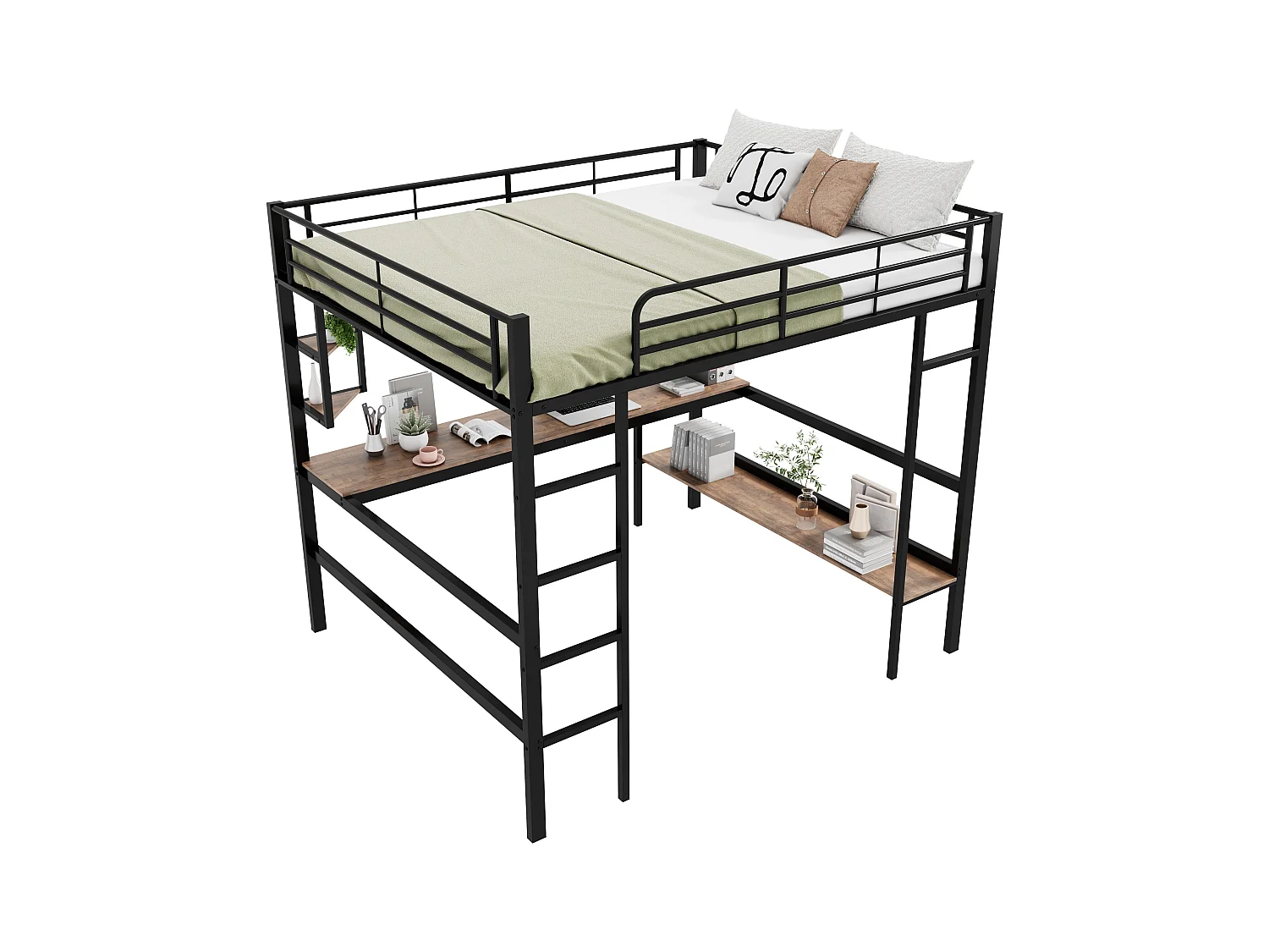 Lit mezzanine enfant 140x200 cm noir, avec bureau plat et étagère de rangement, lit métal, sans matelas