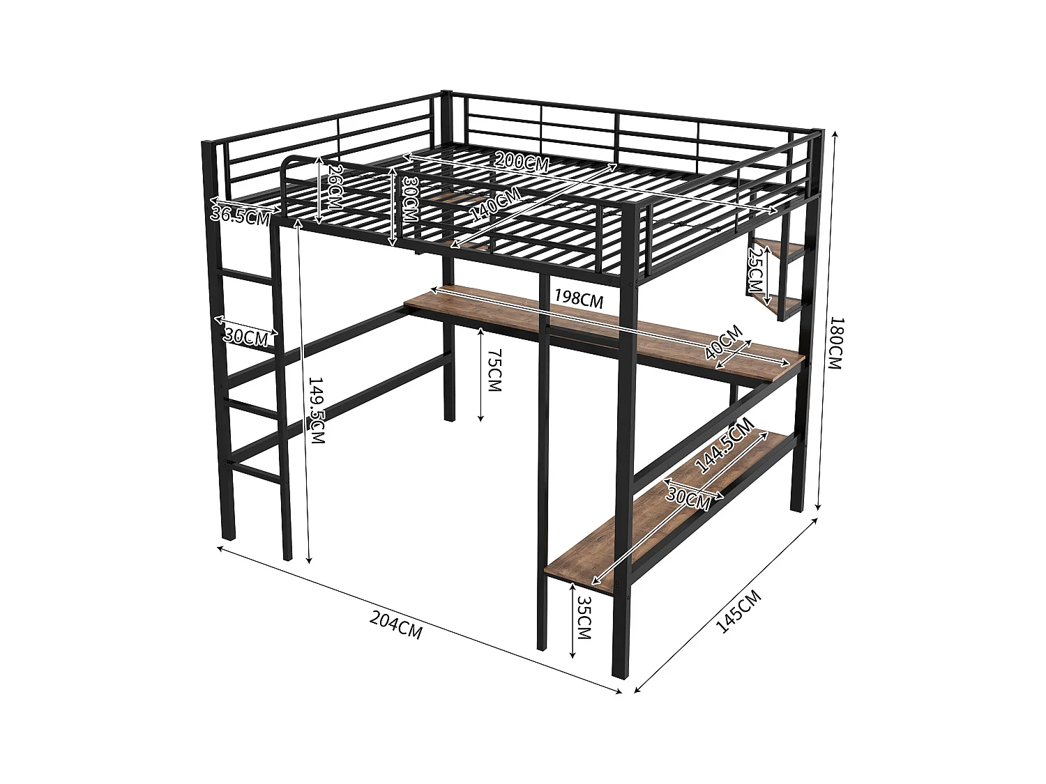 Lit mezzanine enfant 140x200 cm noir, avec bureau plat et étagère de rangement, lit métal, sans matelas