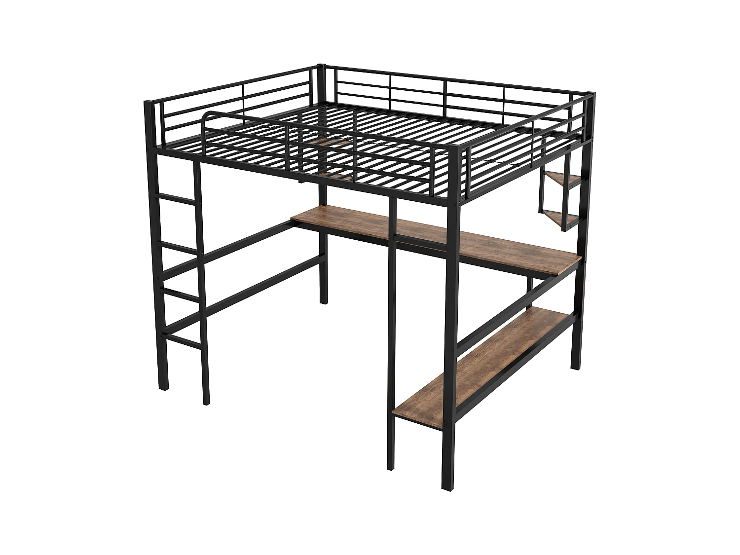 Lit mezzanine enfant 140x200 cm noir, avec bureau plat et étagère de rangement, lit métal, sans matelas