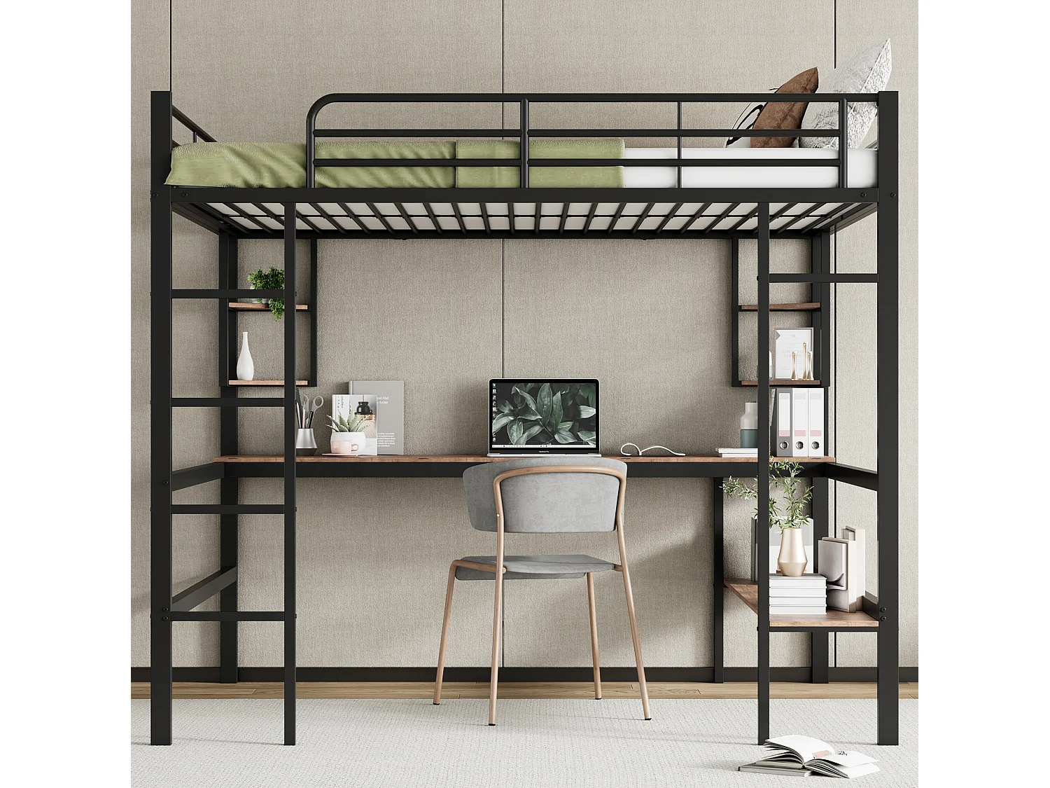 Lit mezzanine enfant 140x200 cm noir, avec bureau plat et étagère de rangement, lit métal, sans matelas