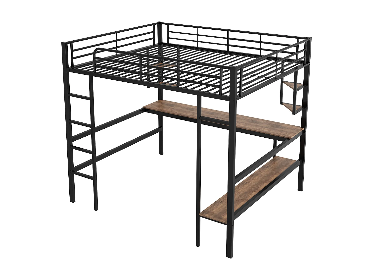 Lit mezzanine enfant 140x200 cm noir, avec bureau plat et étagère de rangement, lit métal, sans matelas