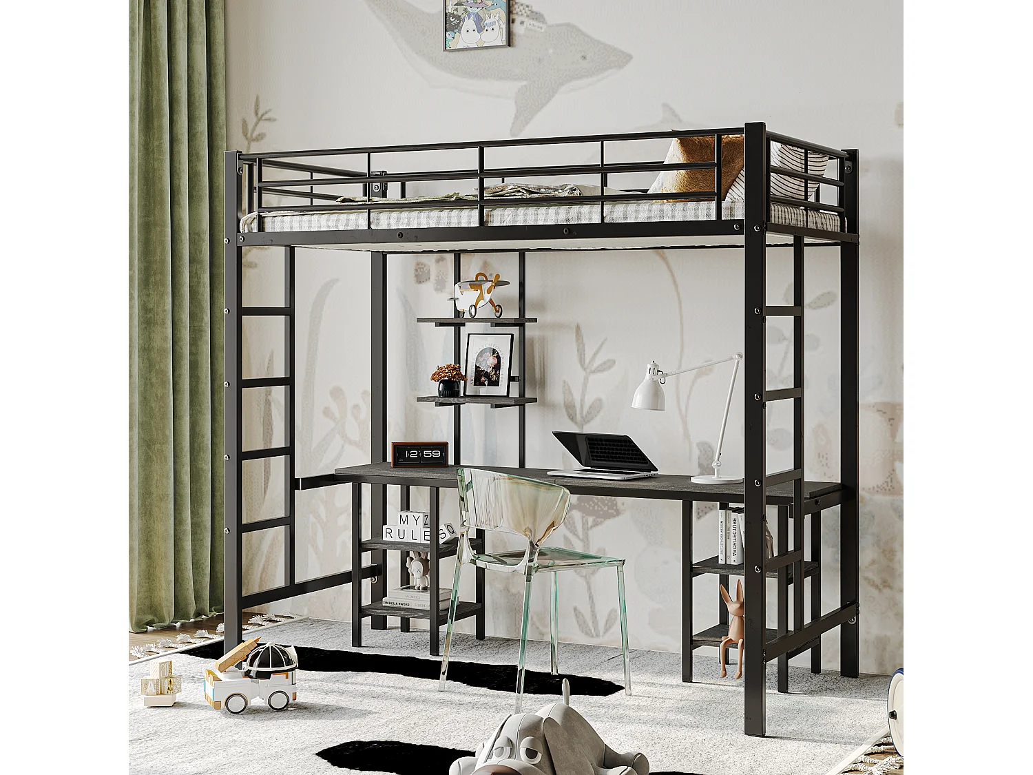 Cama alta infantil 90x200 cm, estrutura de metal com secretária e prateleira de arrumação, ferro + MDF, sem colchão, preta