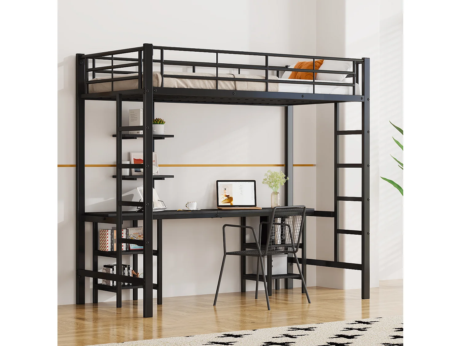 Cama alta infantil 90x200 cm, estrutura de metal com secretária e prateleira de arrumação, ferro + MDF, sem colchão, preta