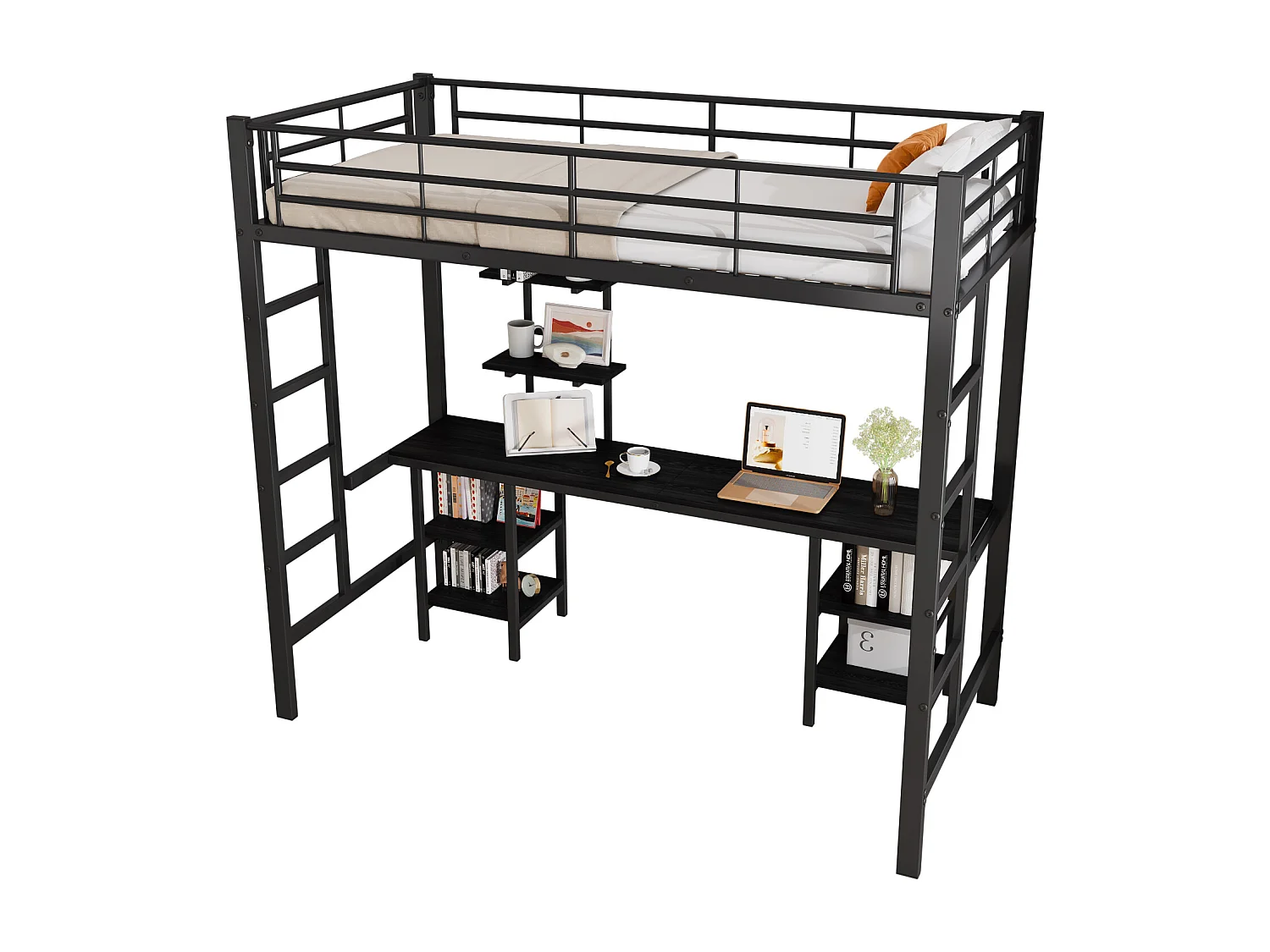 Cama alta infantil 90x200 cm, estrutura de metal com secretária e prateleira de arrumação, ferro + MDF, sem colchão, preta