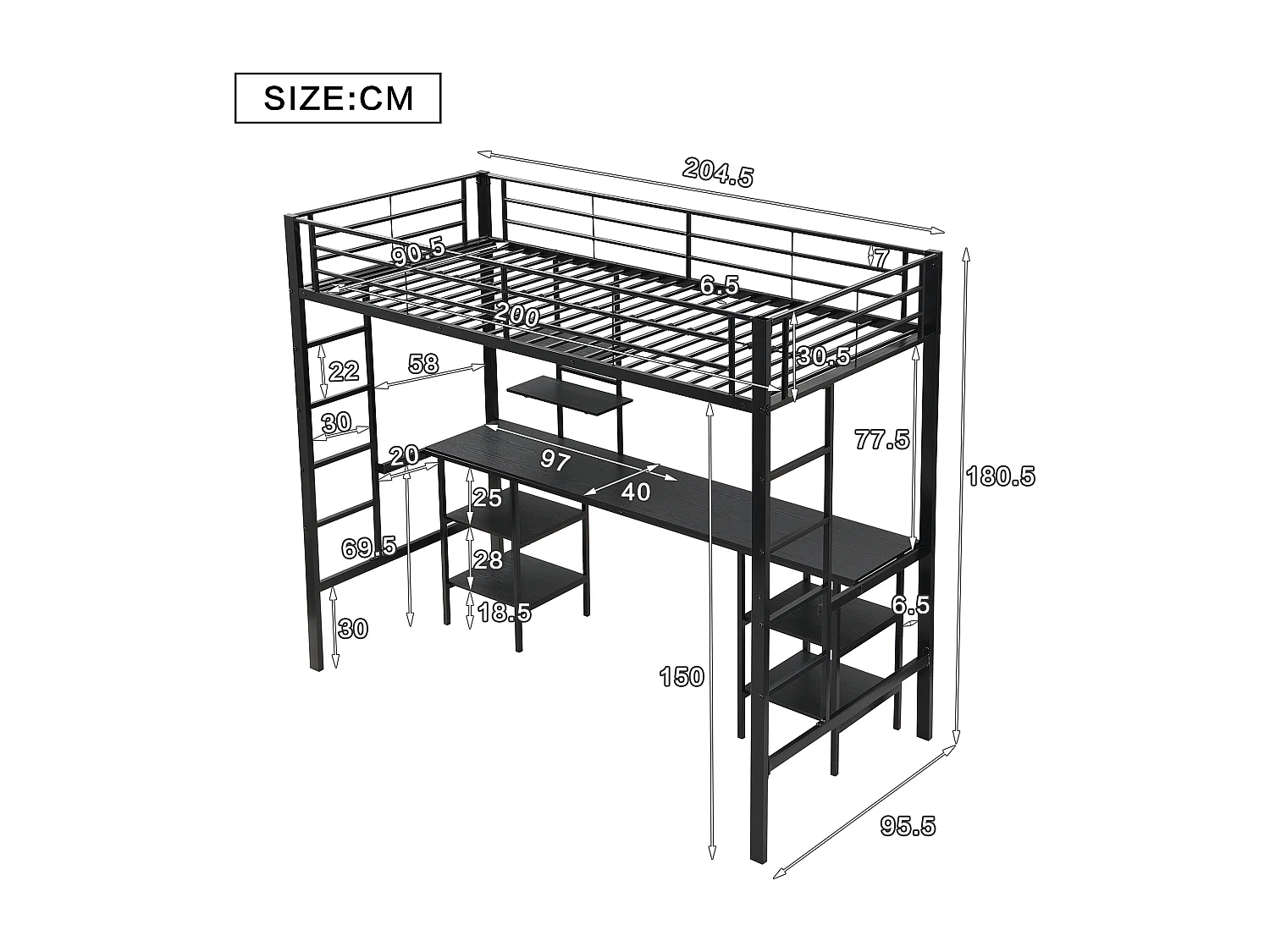 Cama alta infantil 90x200 cm, estrutura de metal com secretária e prateleira de arrumação, ferro + MDF, sem colchão, preta