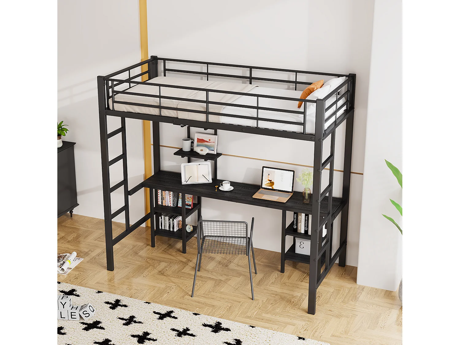 Cama alta infantil 90x200 cm, estrutura de metal com secretária e prateleira de arrumação, ferro + MDF, sem colchão, preta