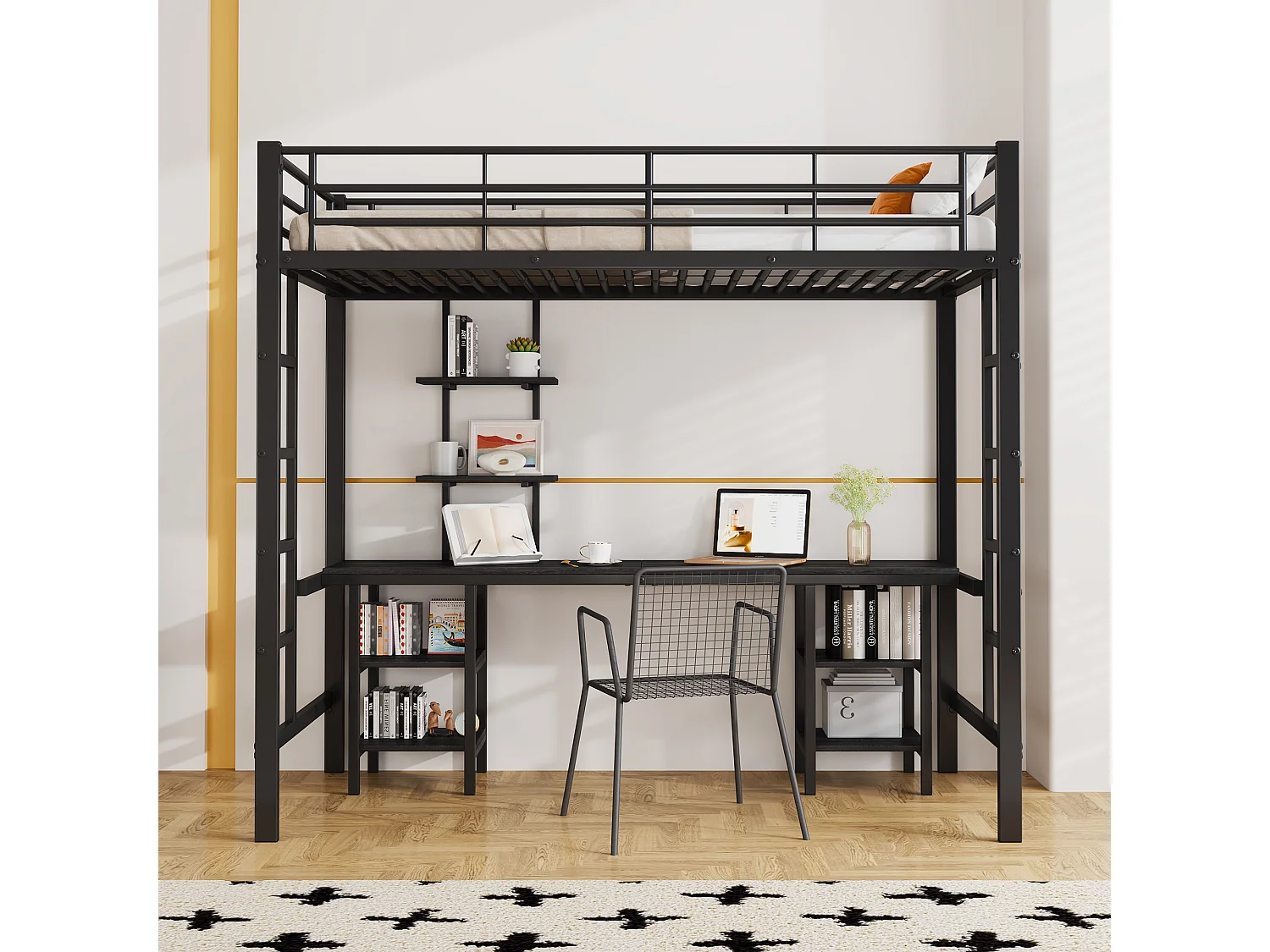 Cama alta infantil 90x200 cm, estrutura de metal com secretária e prateleira de arrumação, ferro + MDF, sem colchão, preta