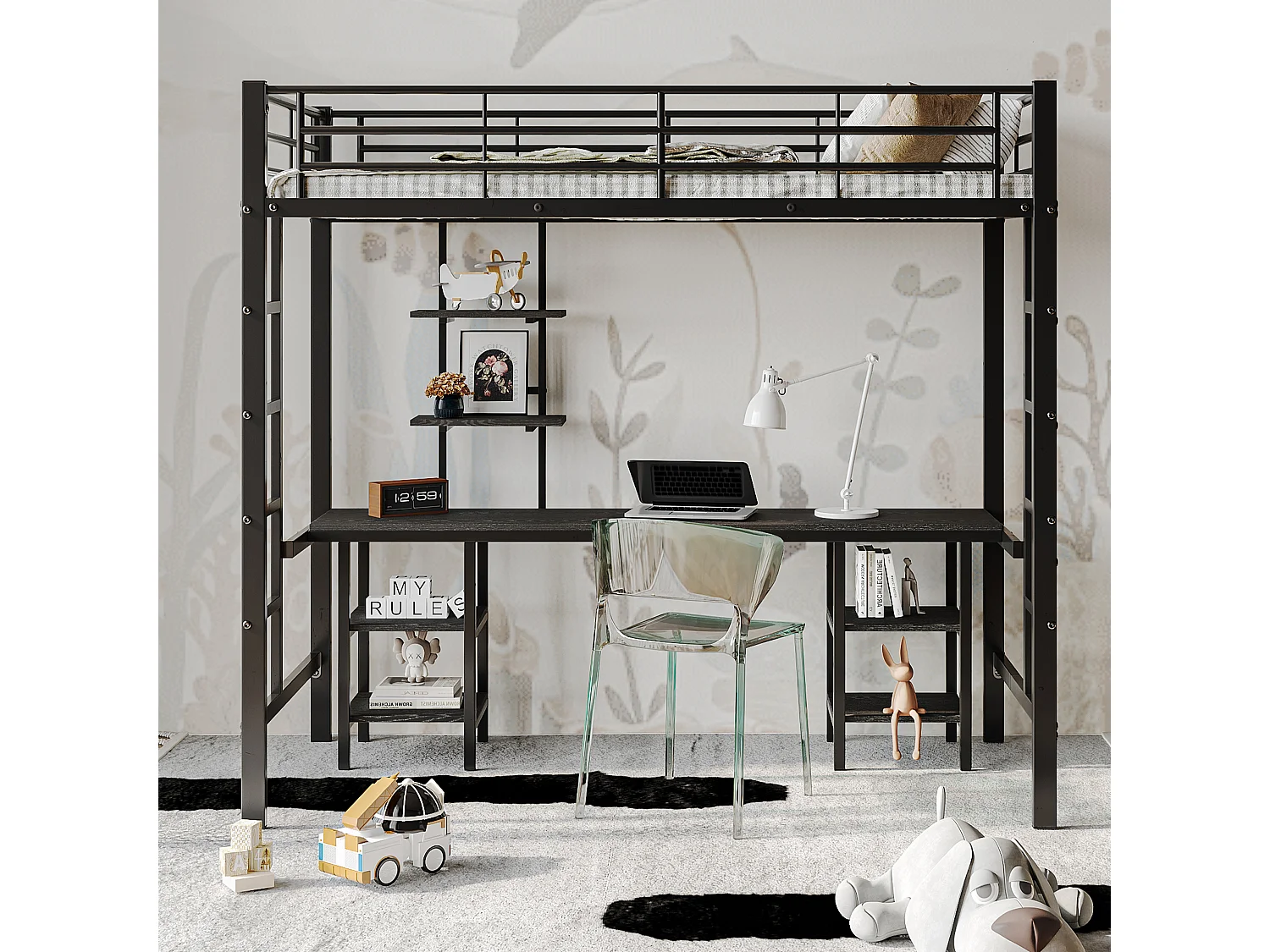 Cama alta infantil 90x200 cm, estrutura de metal com secretária e prateleira de arrumação, ferro + MDF, sem colchão, preta