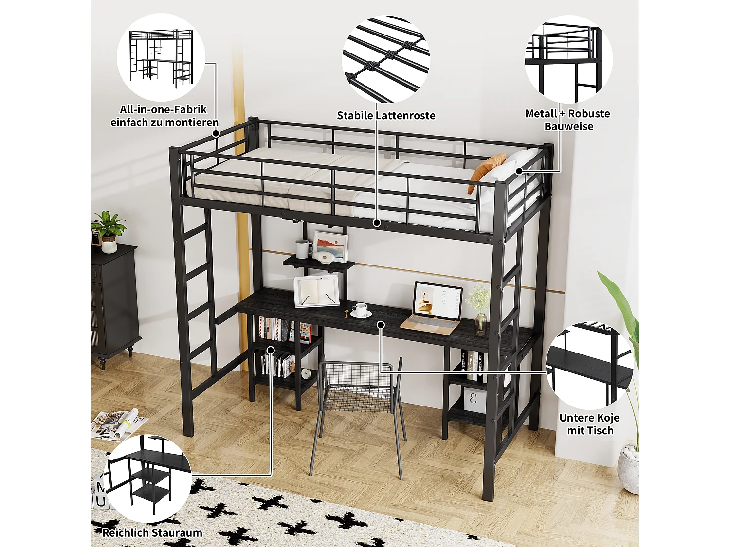 Cama alta infantil 90x200 cm, estrutura de metal com secretária e prateleira de arrumação, ferro + MDF, sem colchão, preta