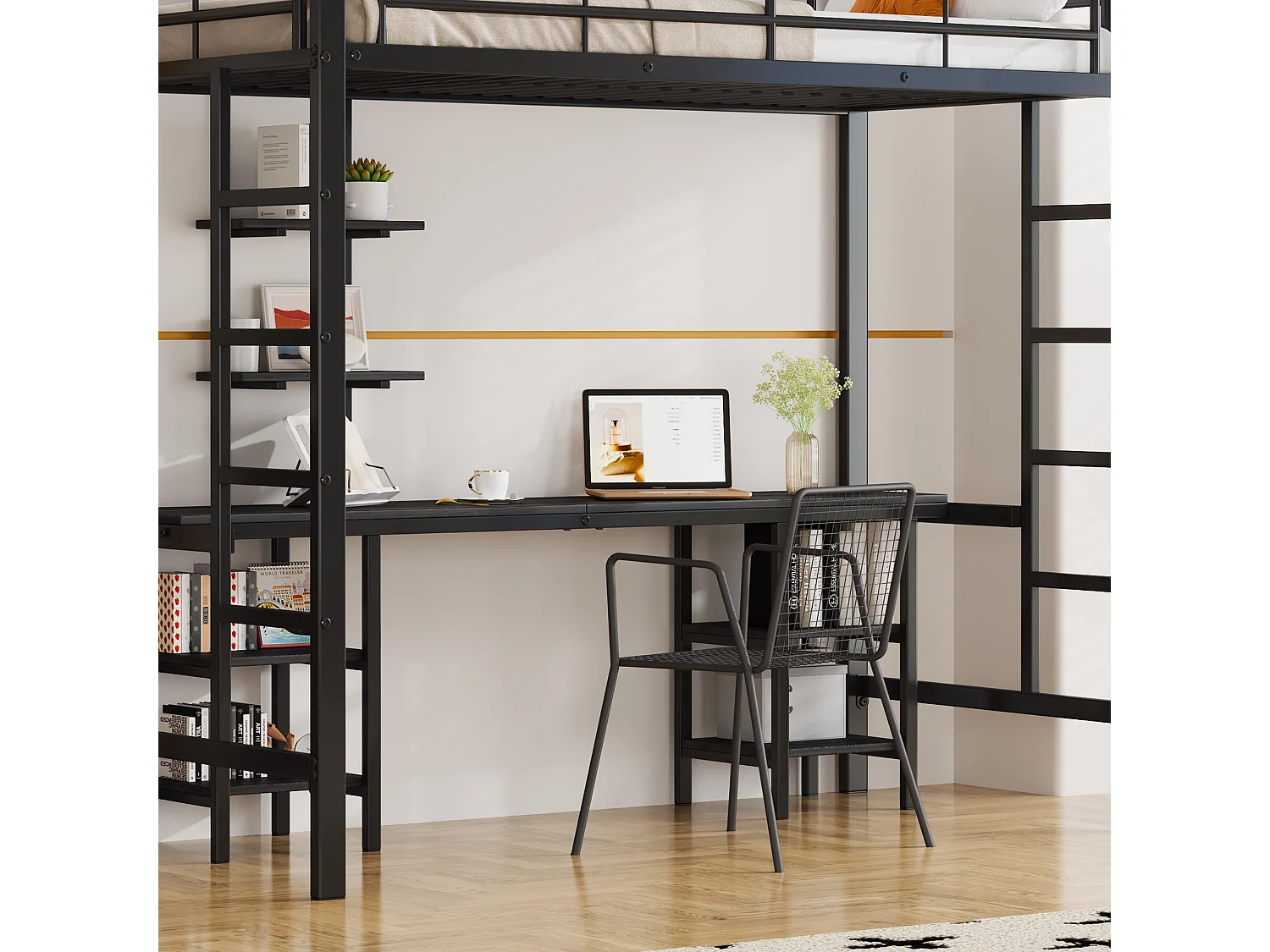 Cama alta infantil 90x200 cm, estrutura de metal com secretária e prateleira de arrumação, ferro + MDF, sem colchão, preta