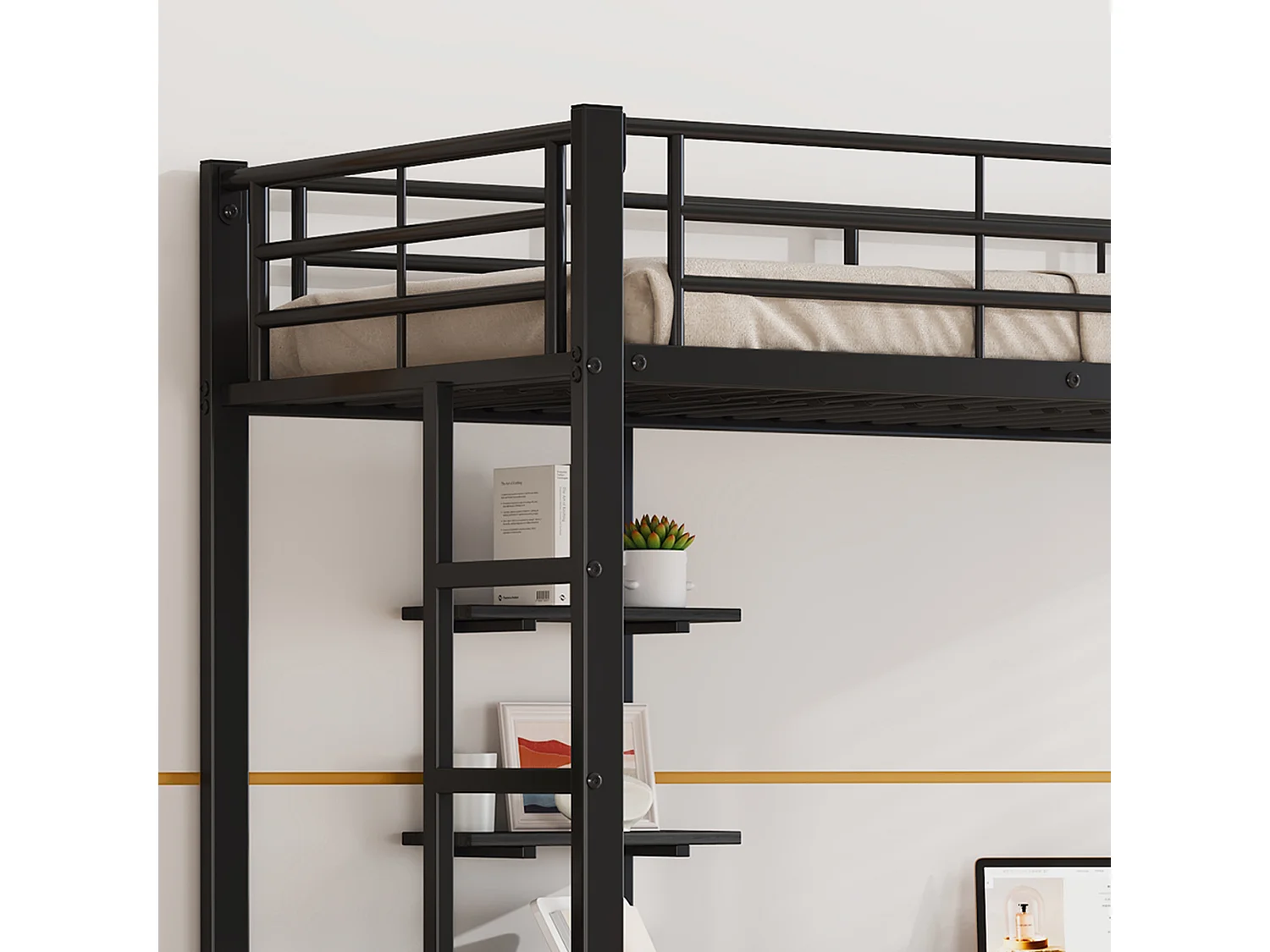 Cama alta infantil 90x200 cm, estrutura de metal com secretária e prateleira de arrumação, ferro + MDF, sem colchão, preta