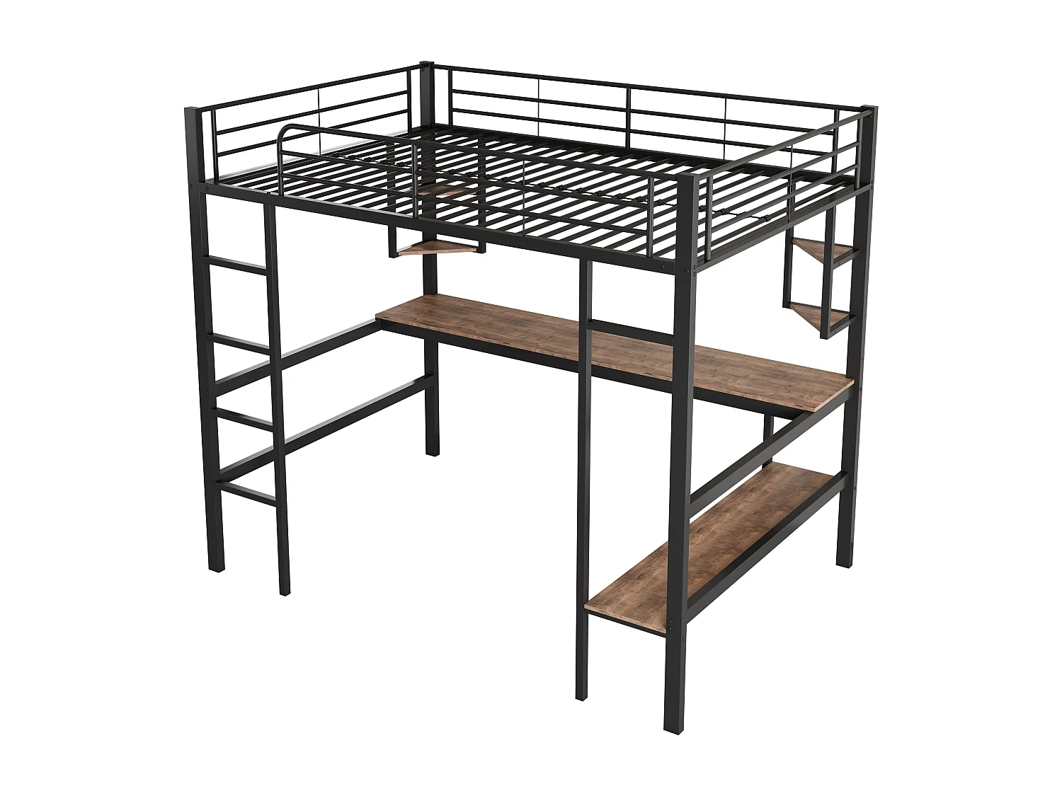 Lit mezzanine enfant 90x200 cm noir, avec bureau plat et étagère de rangement, lit métal, sans matelas