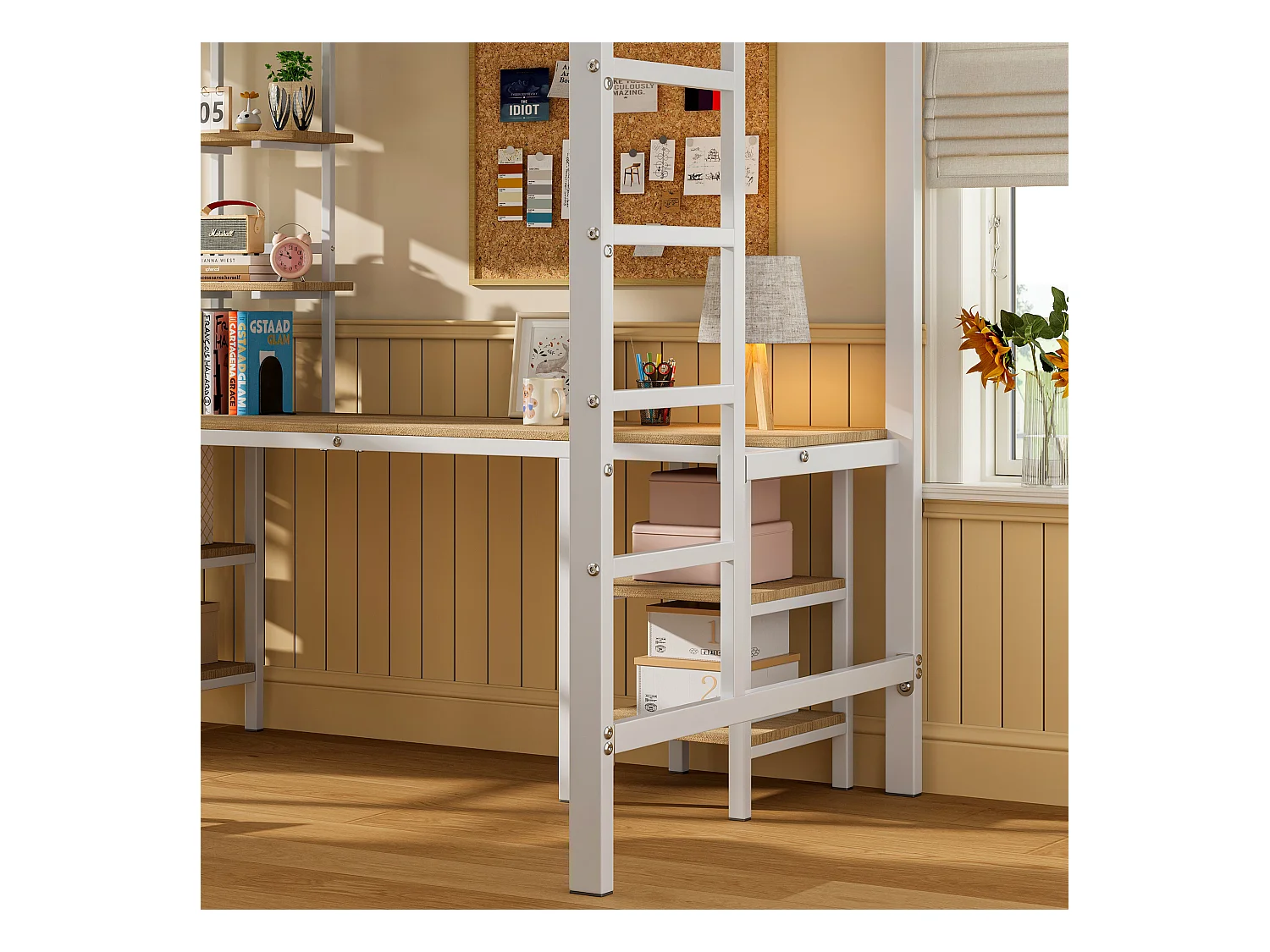 Halfhoogslaper kind 90x200 cm, metalen bed met bureau + opbergrek, ijzer + MDF, zonder matras, wit