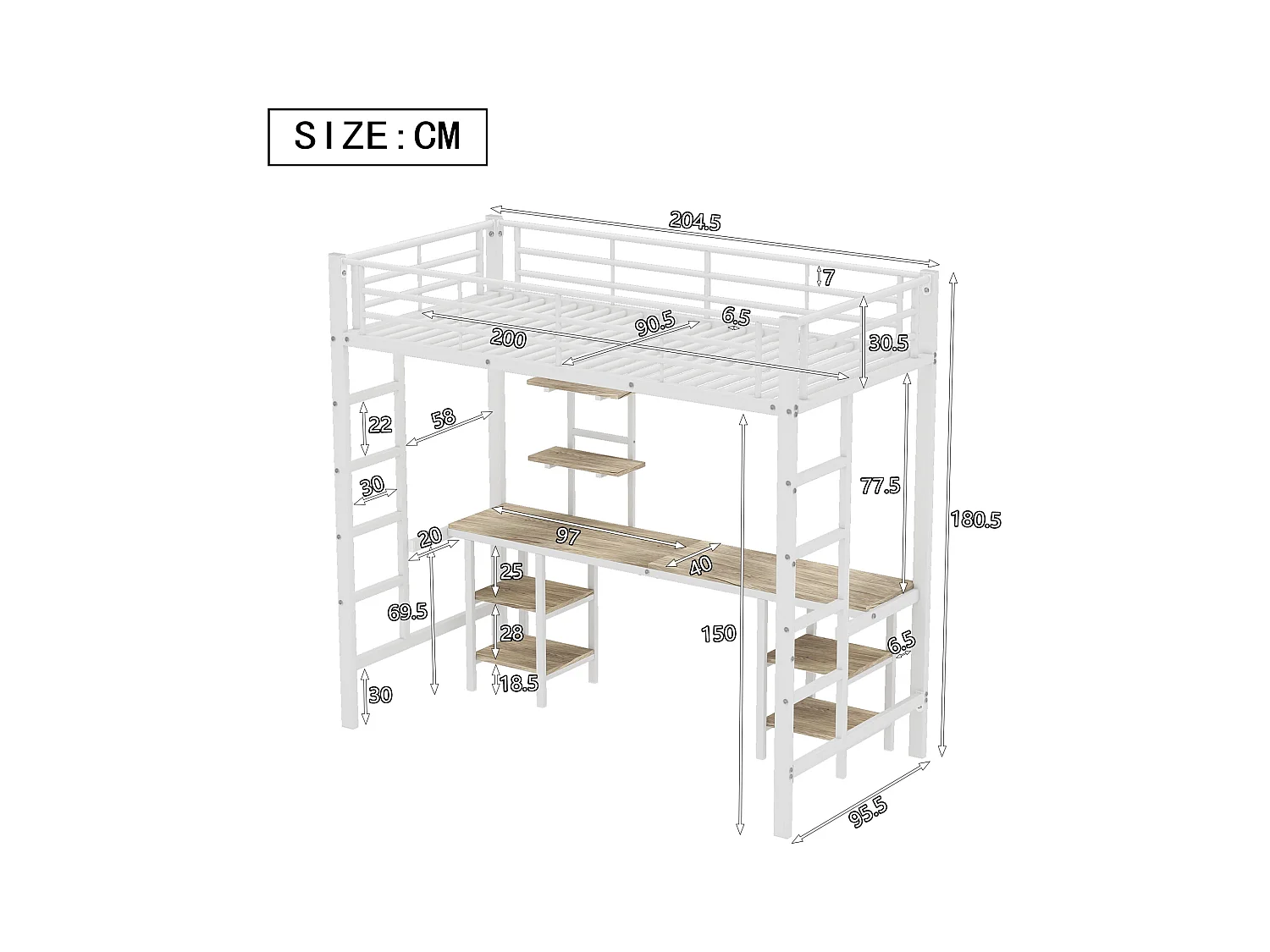 Lit mezzanine enfant 90x200cm, lit métal avec bureau + étagère de rangement, fer + MDF, sans matelas, blanc