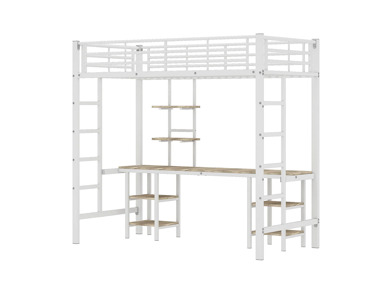 Lit mezzanine enfant 90x200cm, lit métal avec bureau + étagère de rangement, fer + MDF, sans matelas, blanc